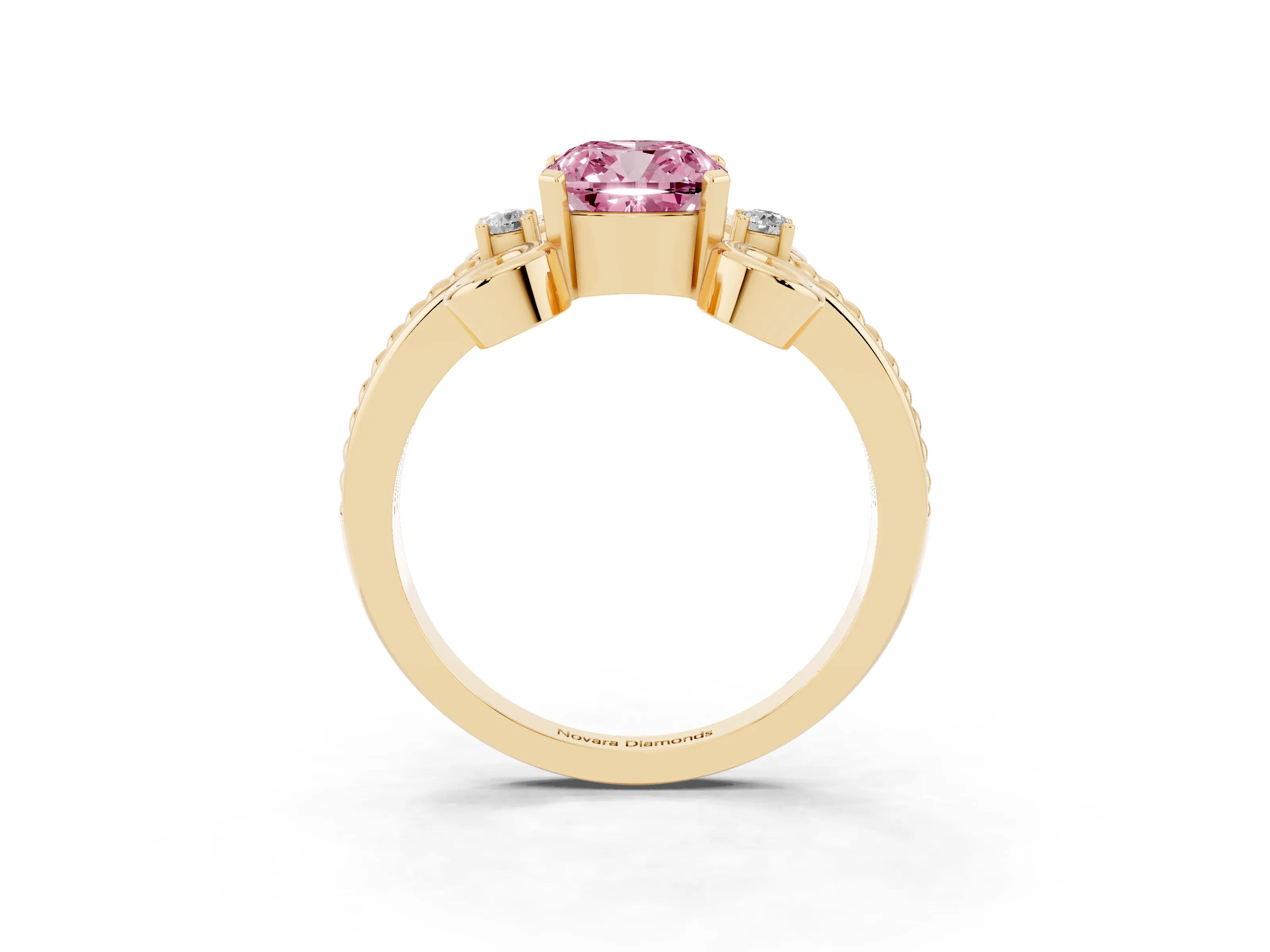 Fancy Pink Cushion Cut Diamond Twisted Band Solitaire Ring Set in Yellow gold with Scroll Prongs