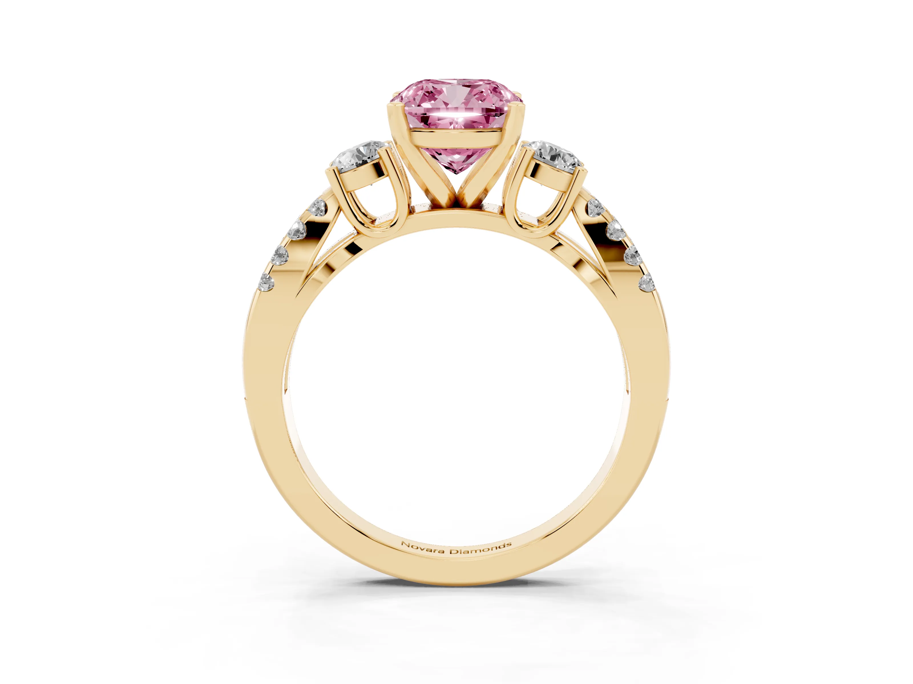 Fancy Pink Cushion Cut Diamond Three-Stone Ring Set in Yellow gold with Pavé Split Shank and Prong Setting