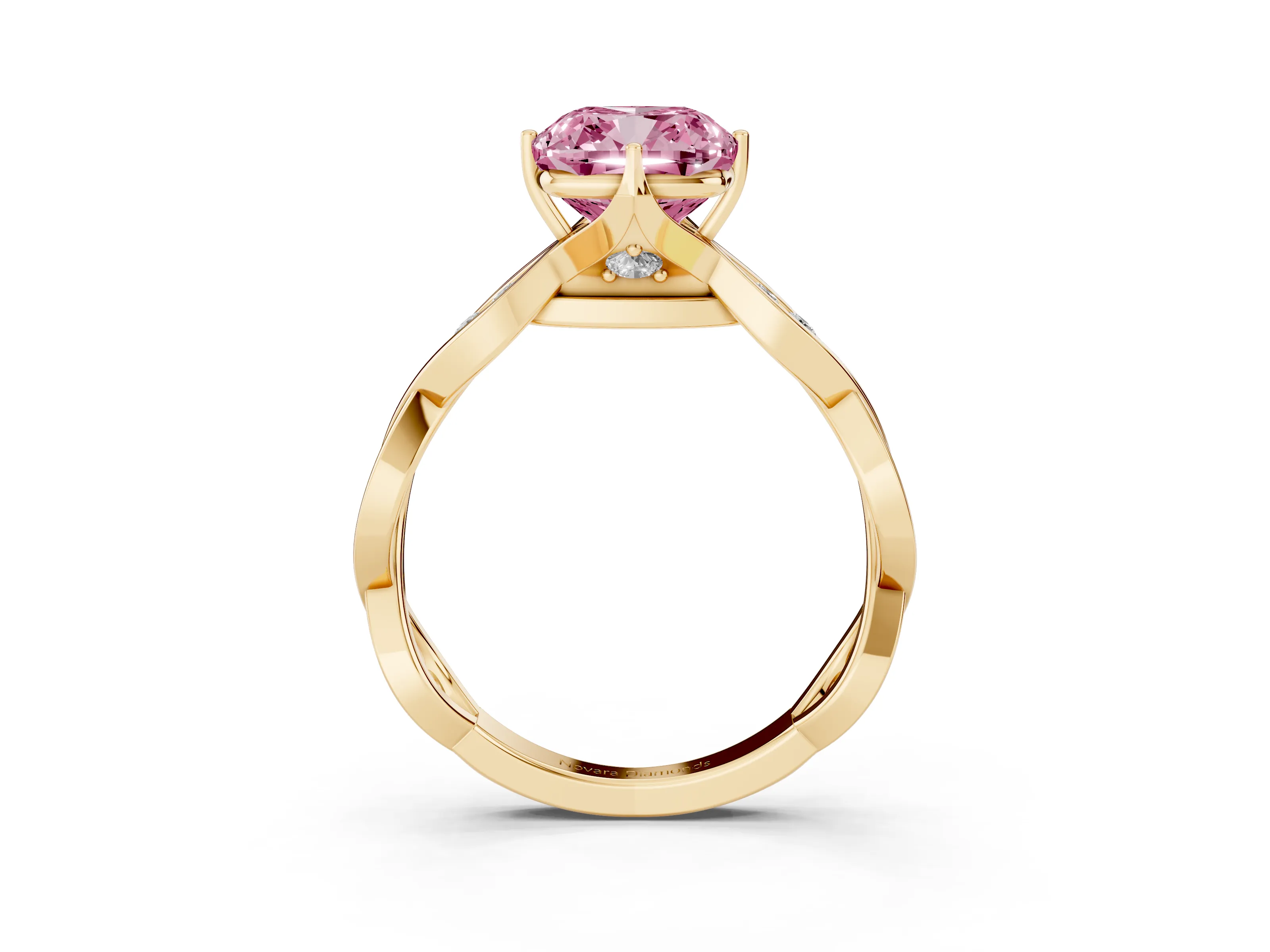 Fancy Pink Cushion Cut Diamond Twist Band Solitaire Ring Set in Yellow gold with Leaf Prong Setting and Accent Stones