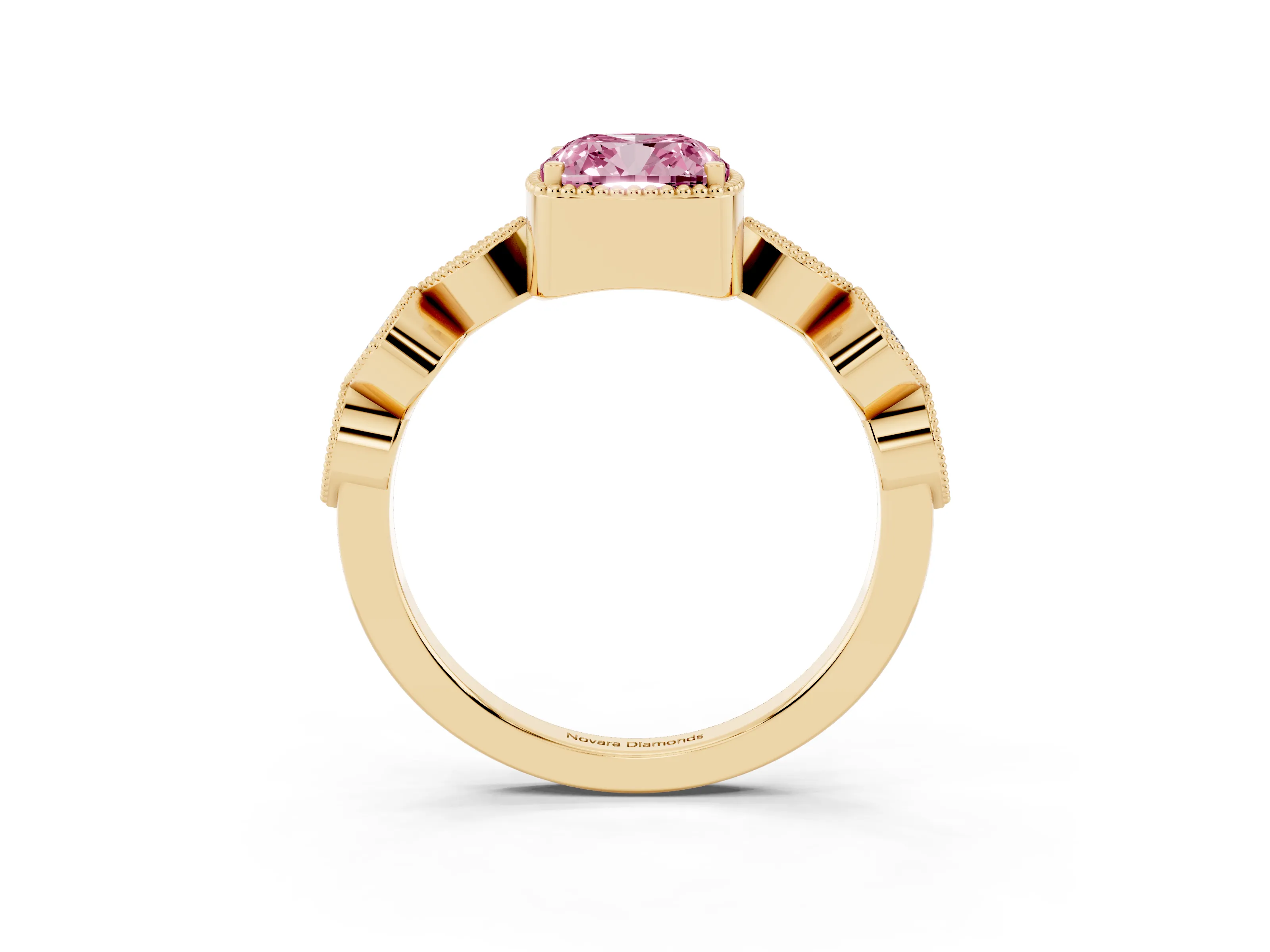 Fancy Pink Cushion Cut Diamond Vintage-Inspired Milgrain Ring Set in Yellow gold with Marquise Stations of Round Accents
