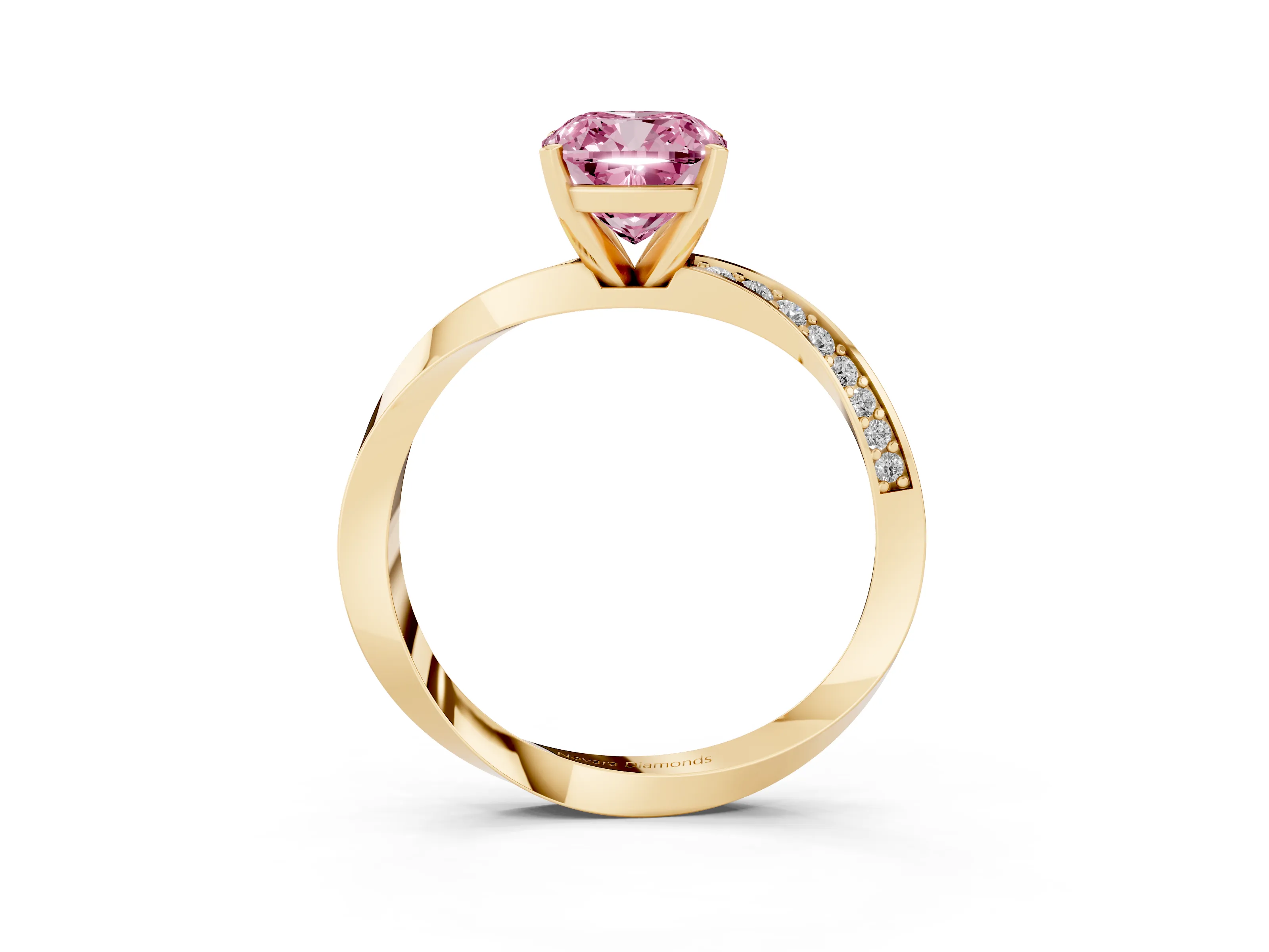 Fancy Pink Cushion Cut Diamond Engagement Ring Set in Yellow gold with Side Stone Accents and Prong Setting