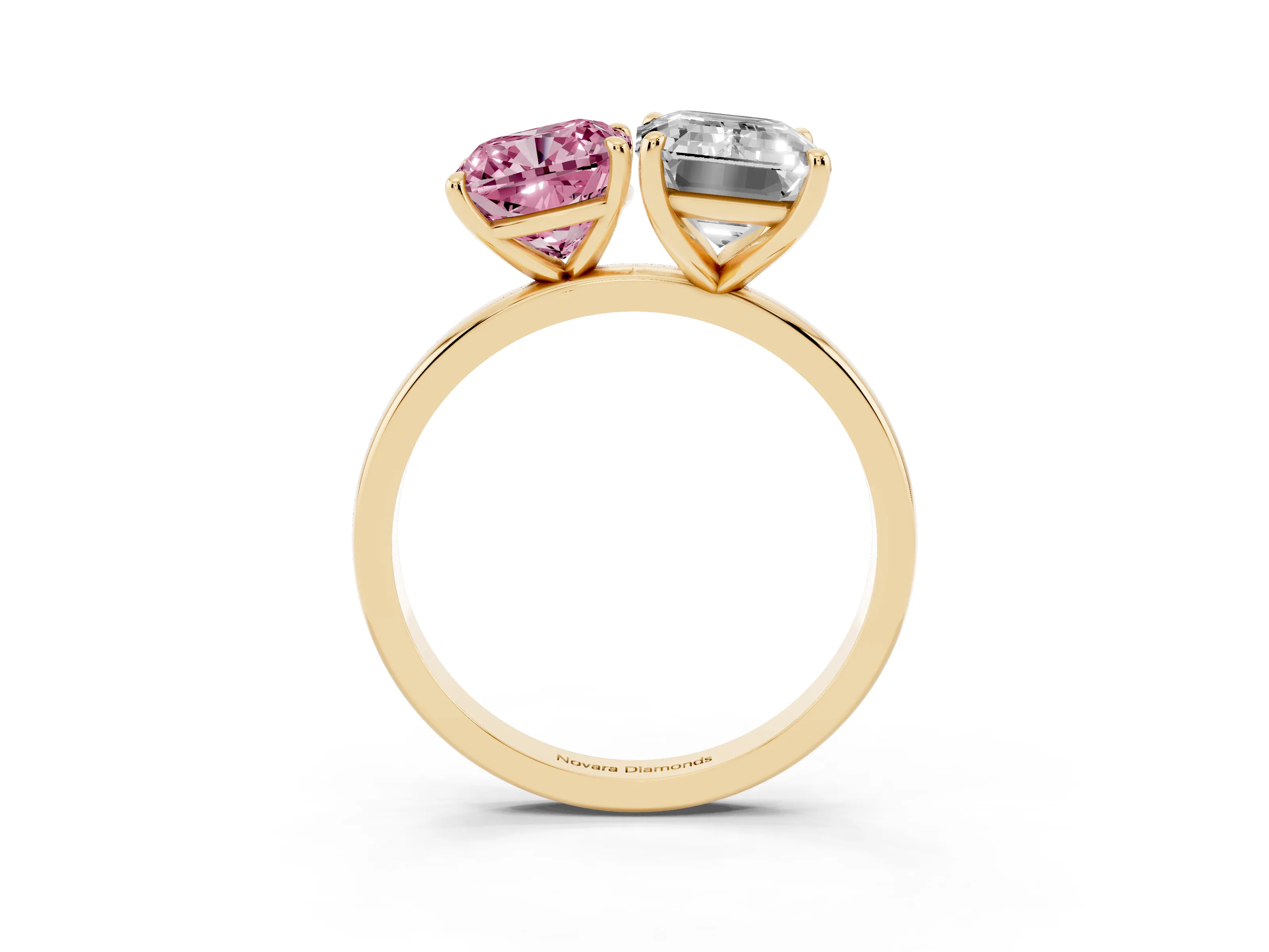 Fancy Pink Cushion Cut and Emerald Cut Toi Moi Ring Set in Yellow gold with Prong Setting