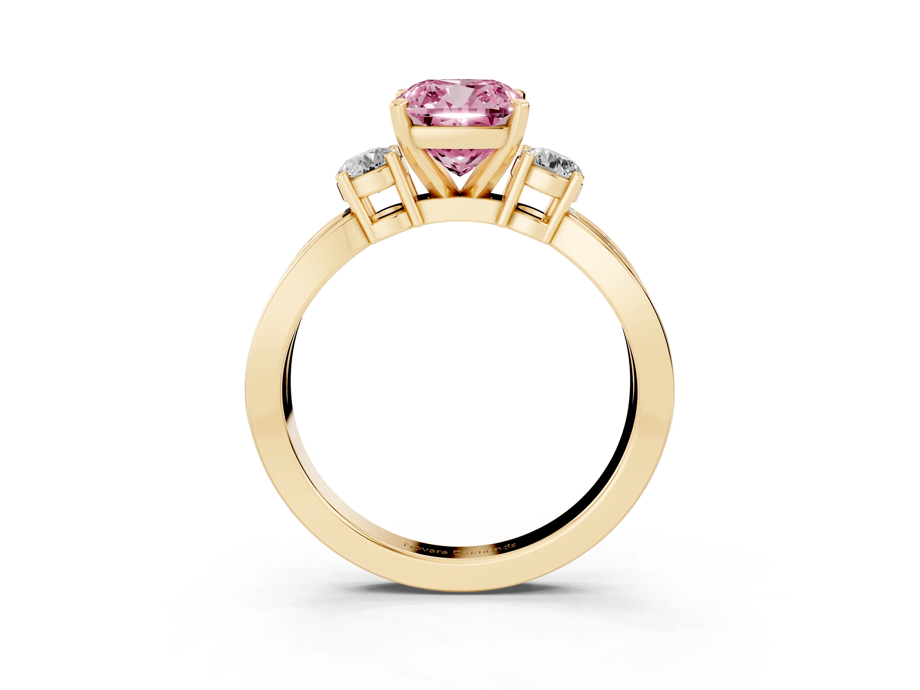 Fancy Pink Three-Stone Cushion Cut Diamond Twist Band Ring Set in Yellow gold with Pavé Accents and Prong Setting