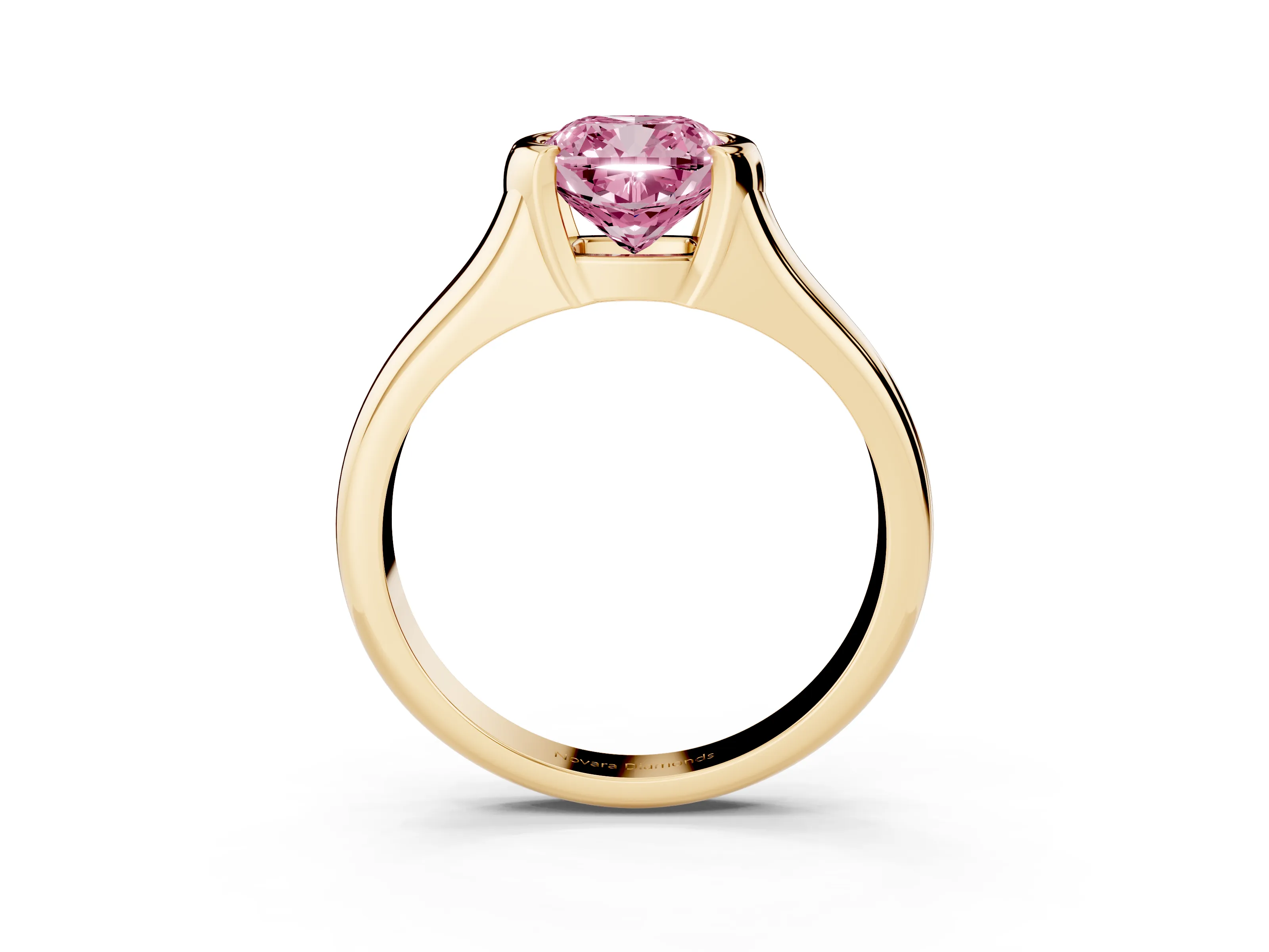 Fancy Pink Cushion Cut Diamond Solitaire Tension Set Ring Set in Yellow gold with Split Shank Band