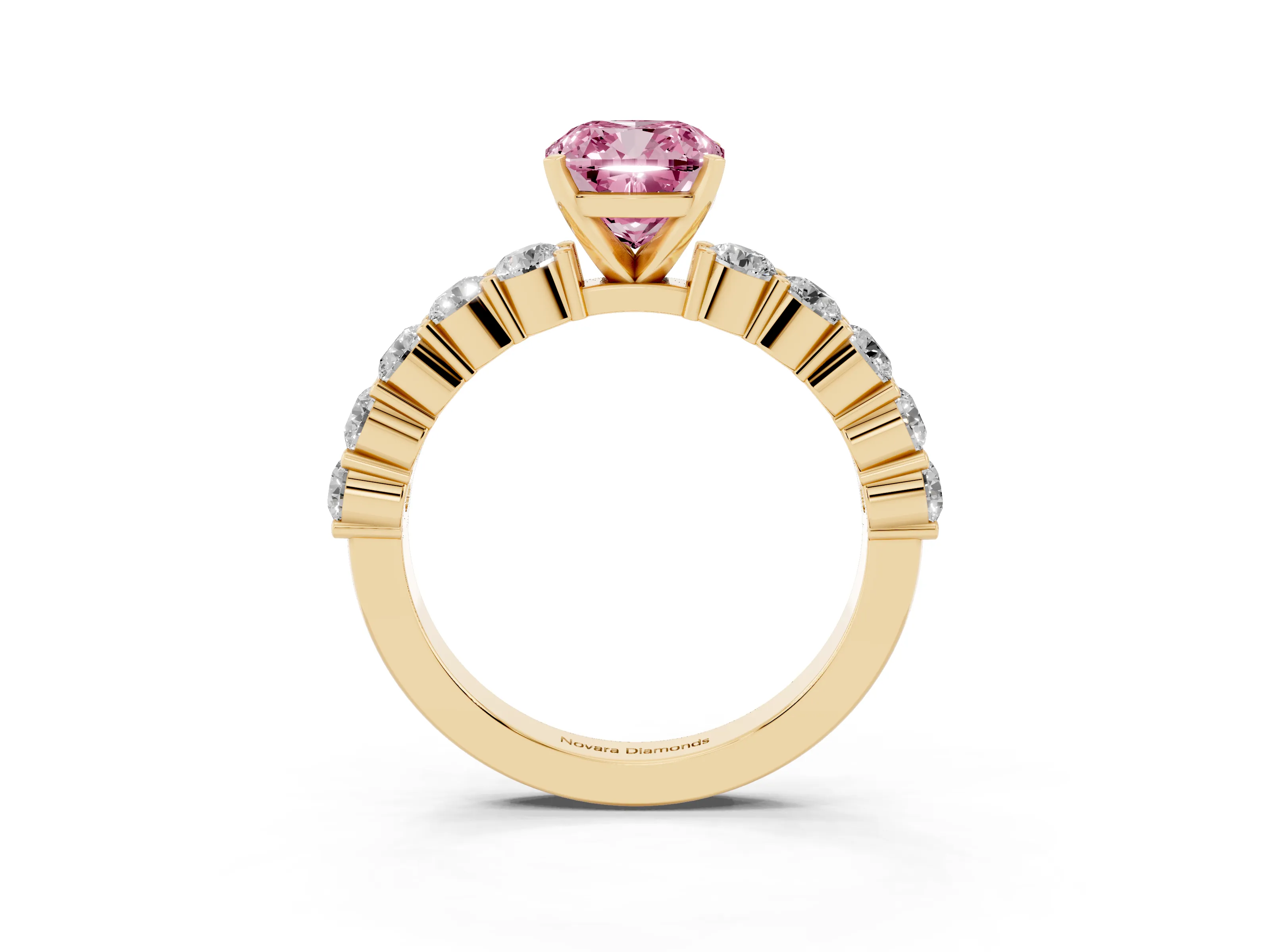 Fancy Pink Cushion Cut Diamond Solitaire Ring Set in Yellow gold with Shared Prong Round Side Stones