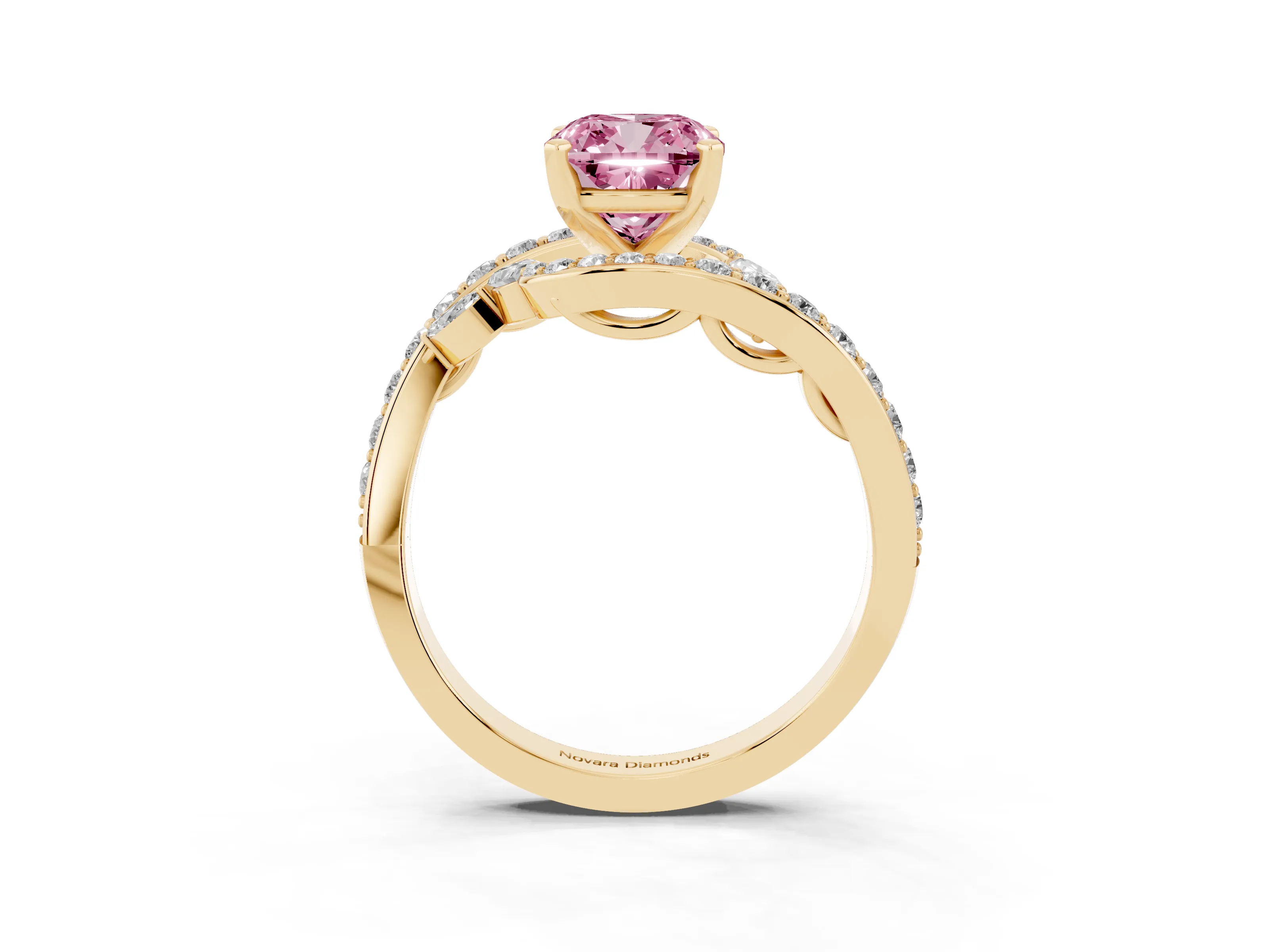 Fancy Pink Cushion Cut Diamond Solitaire Ring Set in Yellow gold with Filigree Band and Prong Setting