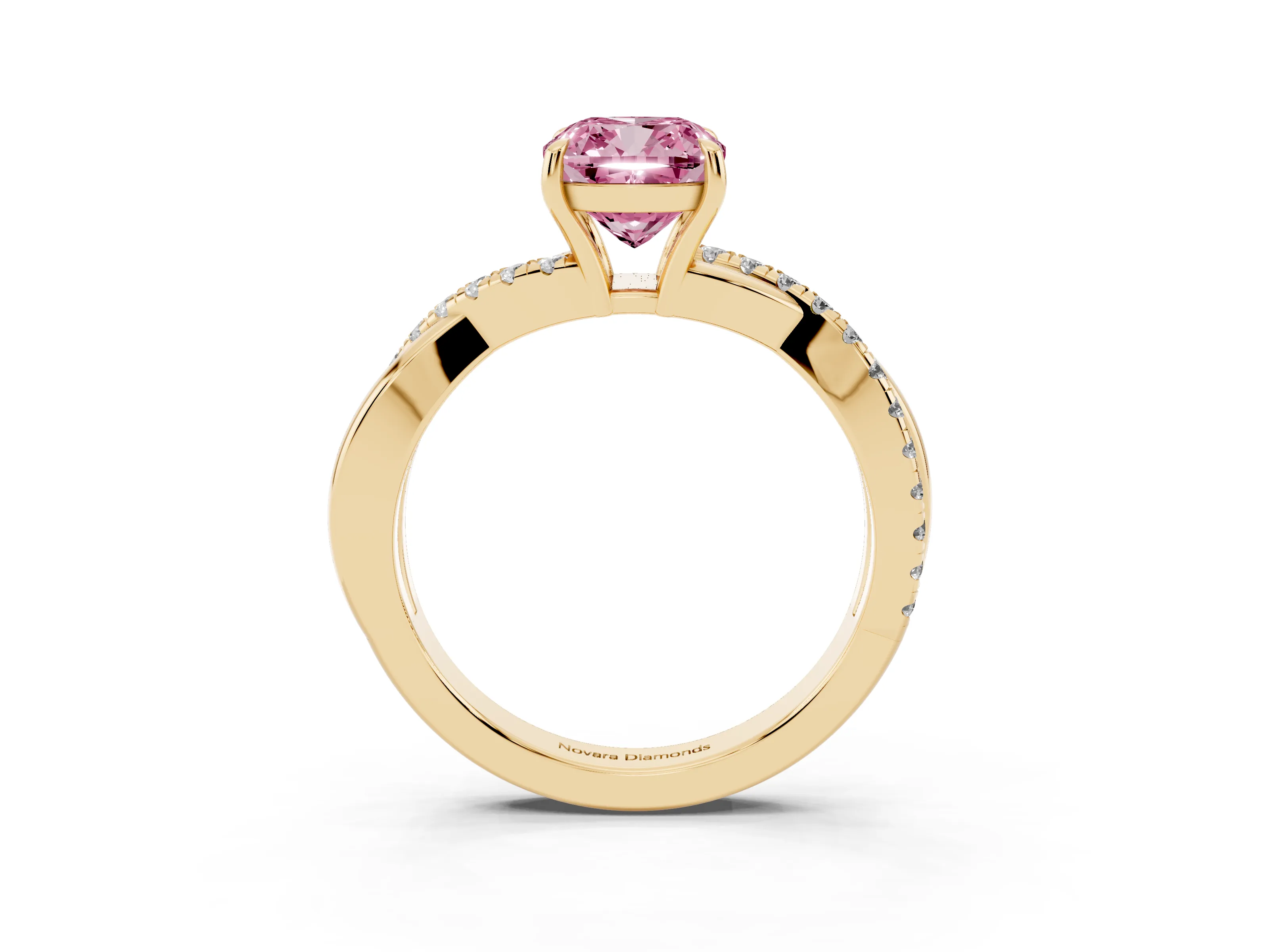 Fancy Pink Cushion Cut Diamond Twisted Pavé Band Ring Set in Yellow gold with Prong Setting