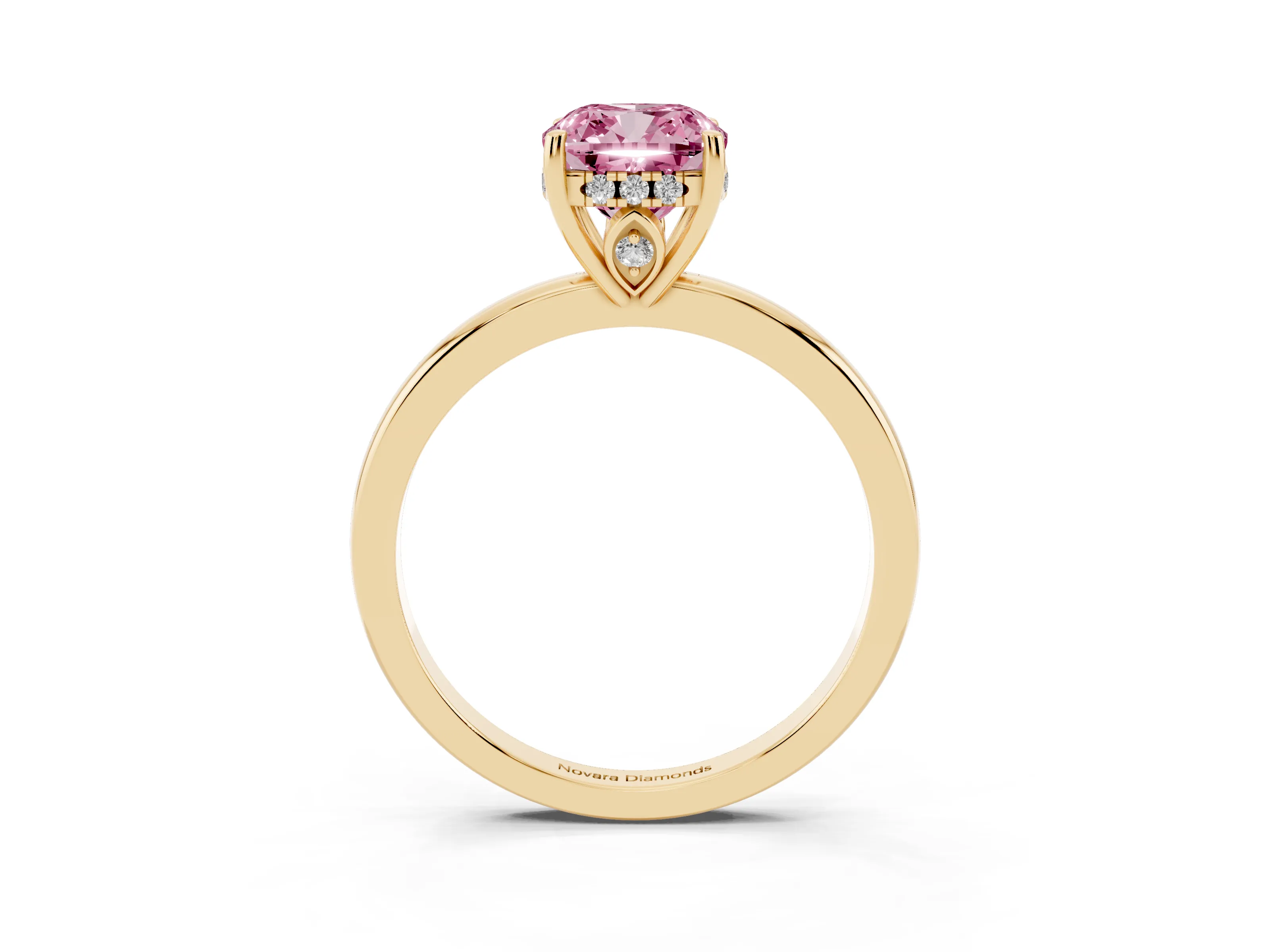 Fancy Pink Cushion Cut Diamond Solitaire Ring Set in Yellow gold with Plain Band and Prong Setting