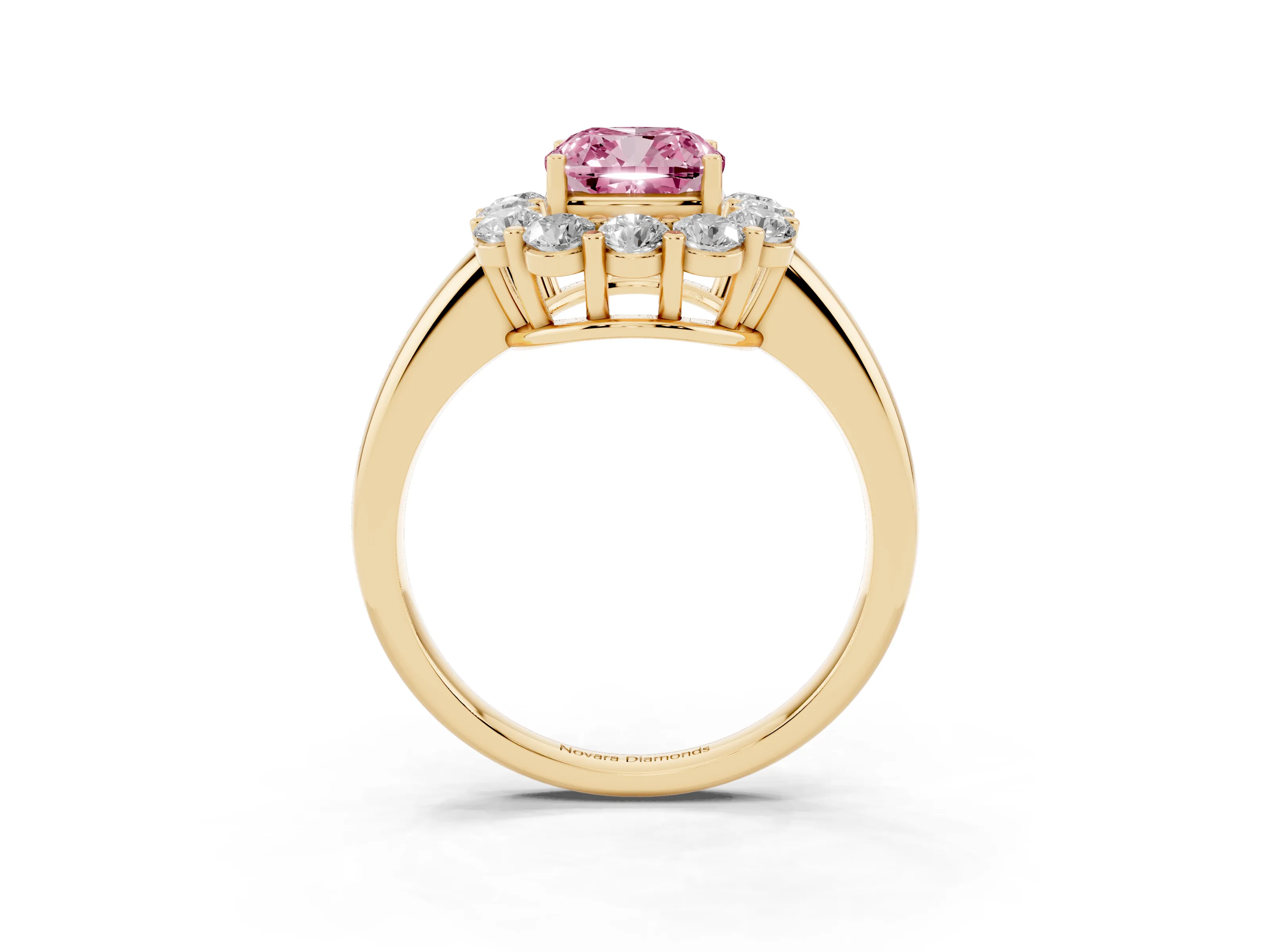 Fancy Pink Cushion Cut Diamond Halo Cluster Engagement Ring Set in Yellow gold with Polished Band and Prong Setting