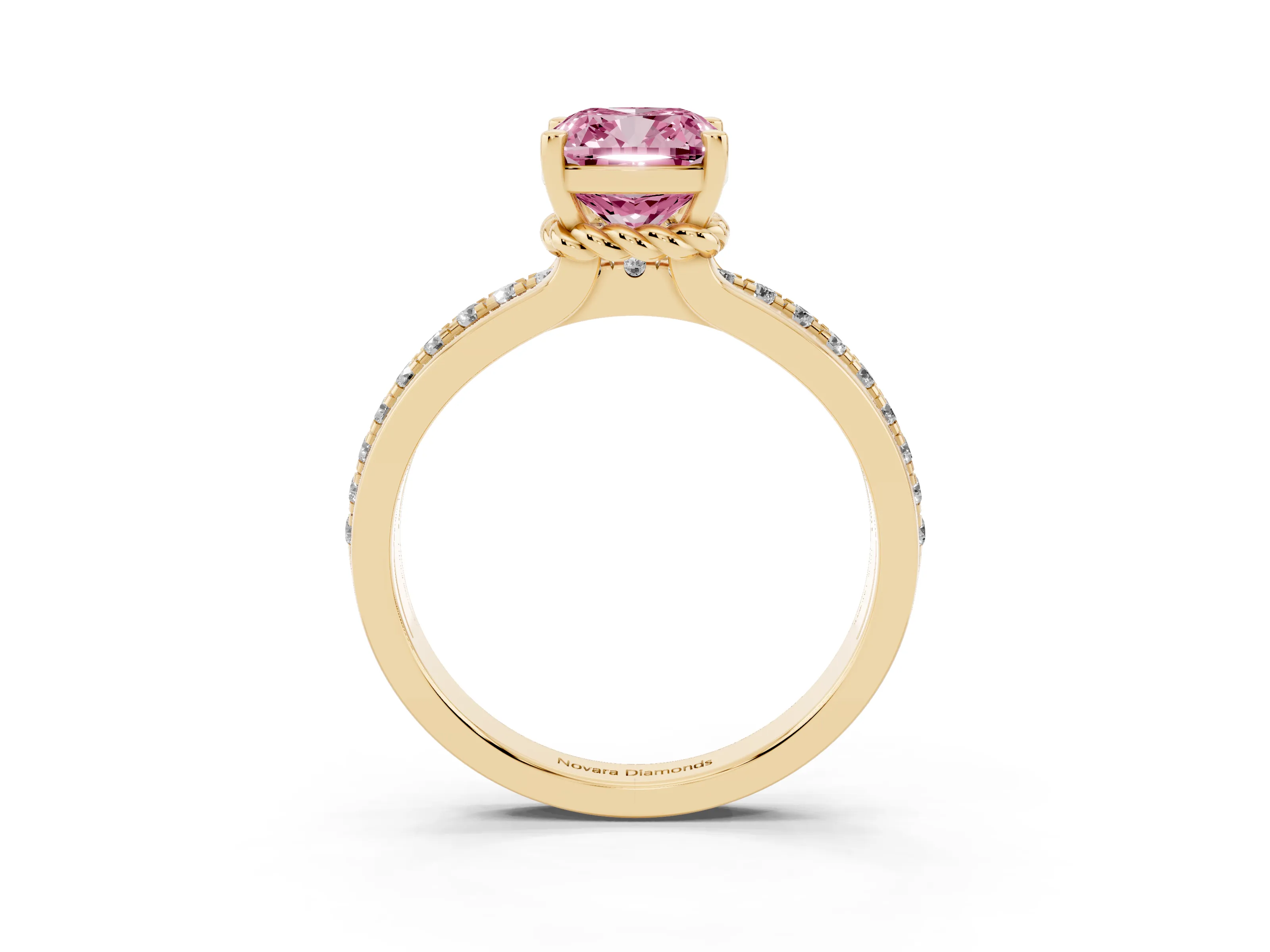 Fancy Pink Cushion Cut Diamond Solitaire Ring Set in Yellow gold with Channel Set Band and Prong Setting