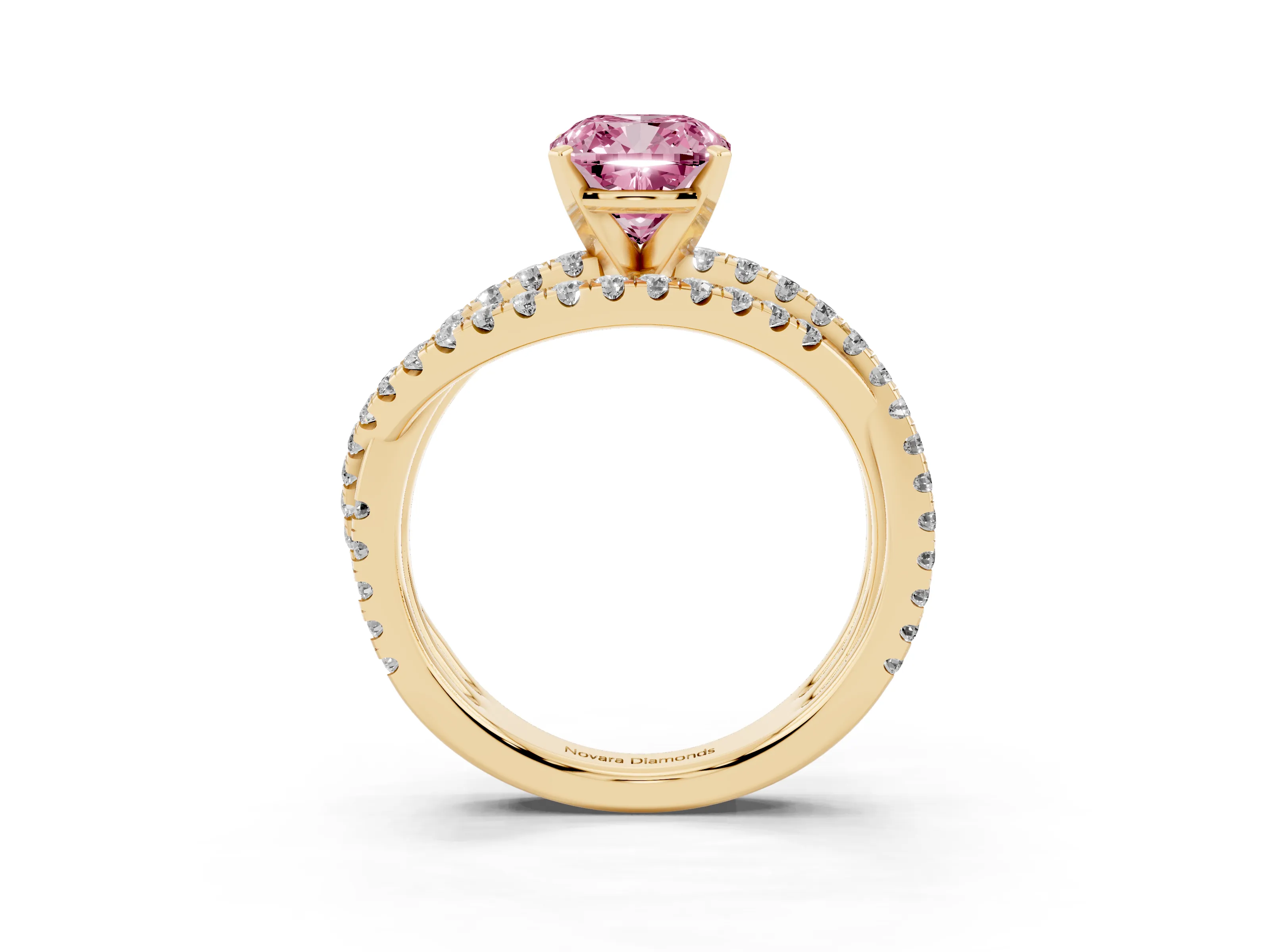Fancy Pink Cushion Cut Diamond Solitaire Twist Band Ring Set in Yellow gold with Pavé Setting and Prong Head