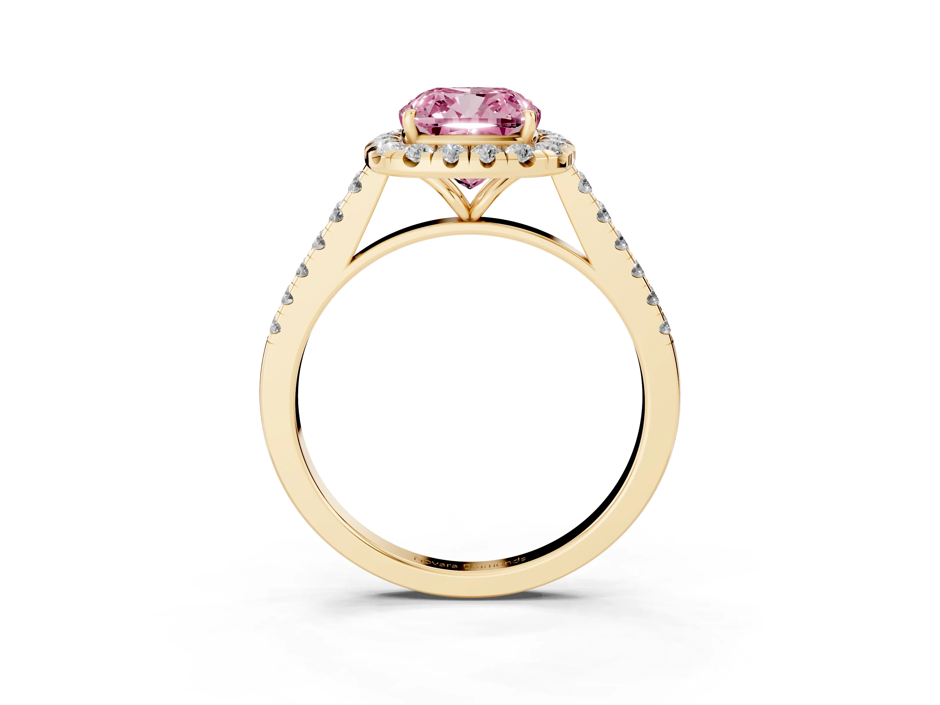 Fancy Pink Cushion Cut Diamond Halo Pavé Engagement Ring Set in Yellow gold with Prong Setting