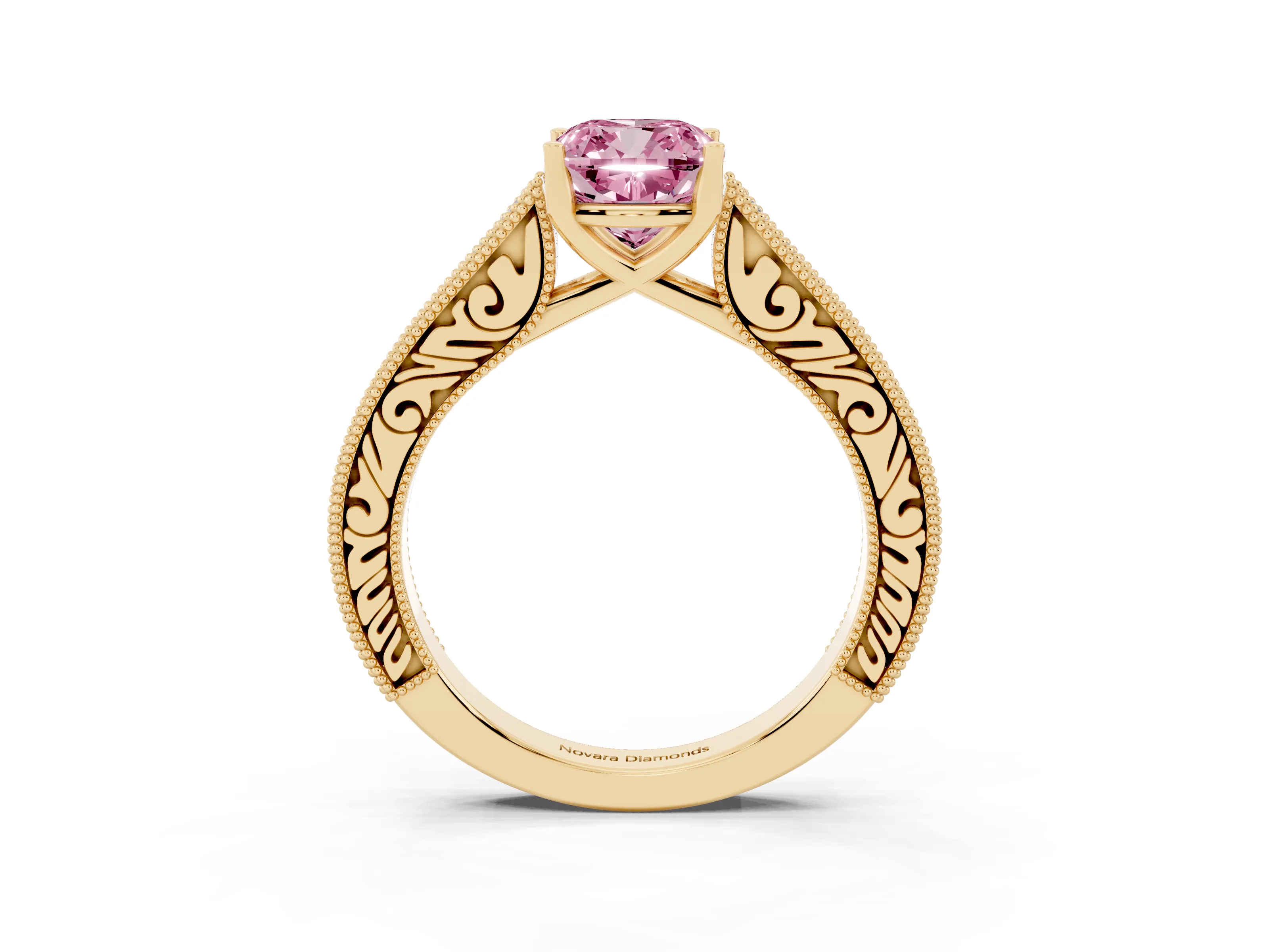 Fancy Pink Cushion Cut Diamond Milgrain Pavé Band Solitaire Ring Set in Yellow gold with Prong Setting