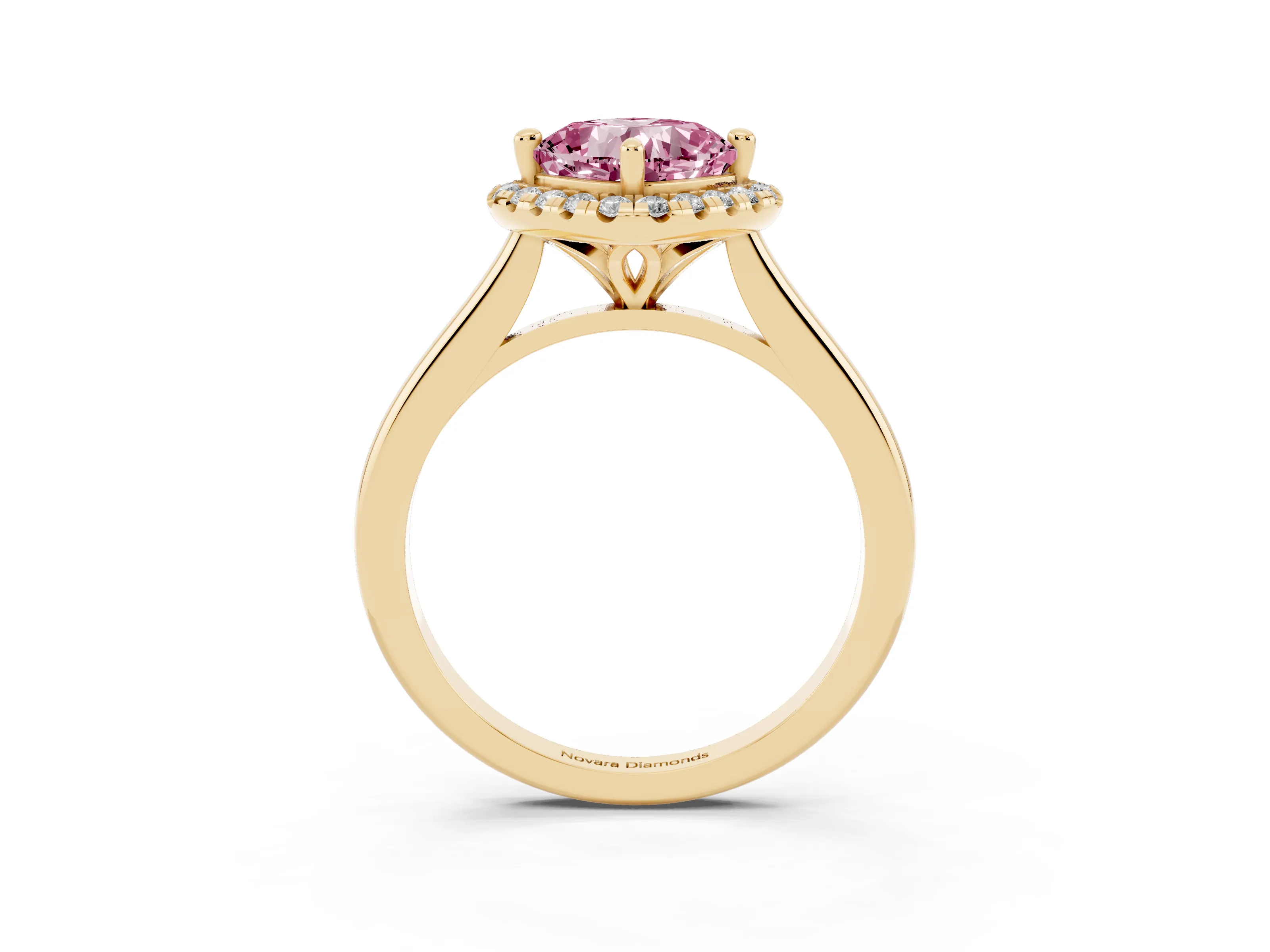 Fancy Pink Cushion Cut Diamond Halo Engagement Ring Set in Yellow gold with Pavé Band and Rising Shoulders
