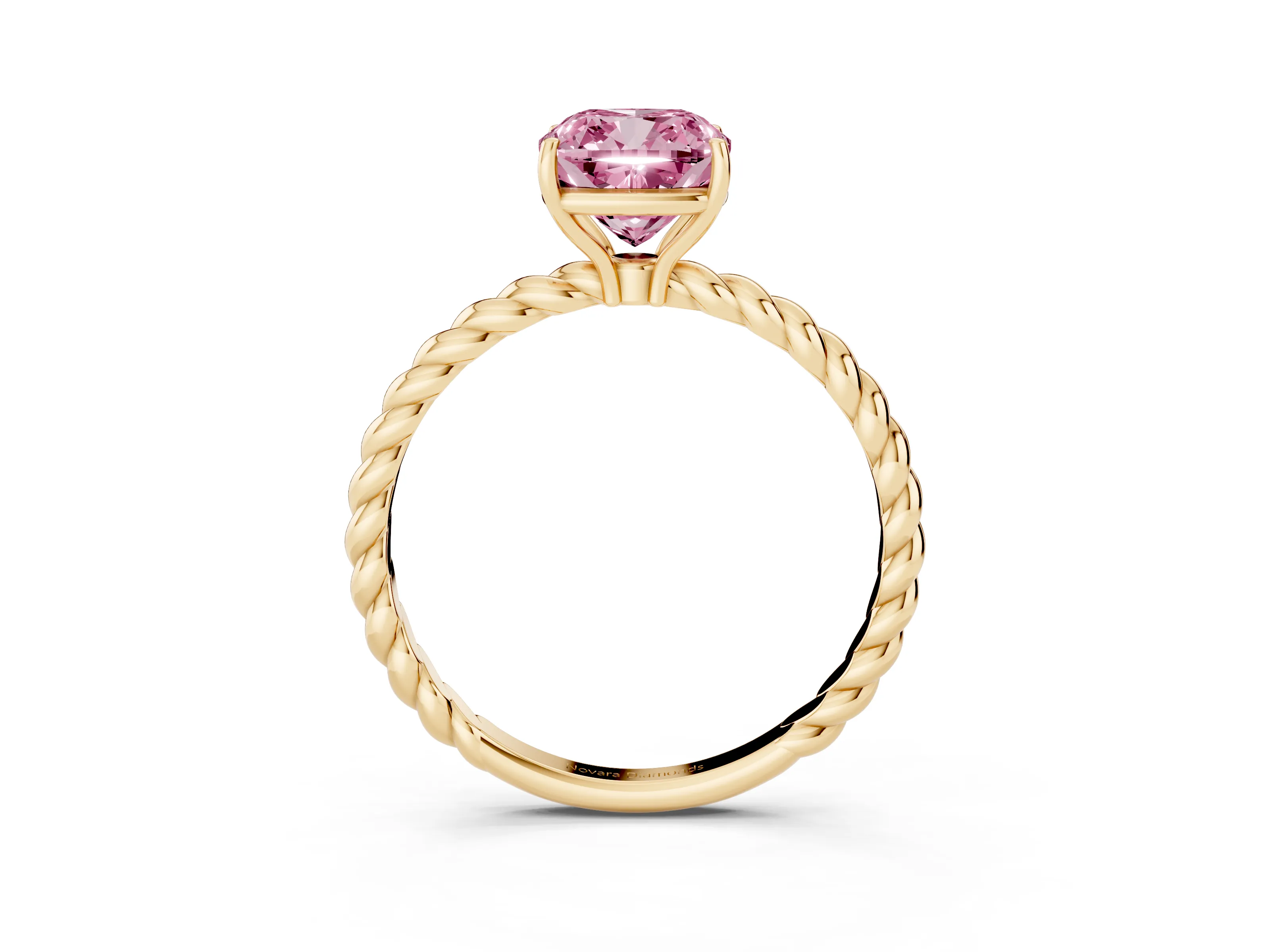 Fancy Pink Cushion Cut Diamond Solitaire Ring Set in Yellow gold with Twist Band and Prong Setting