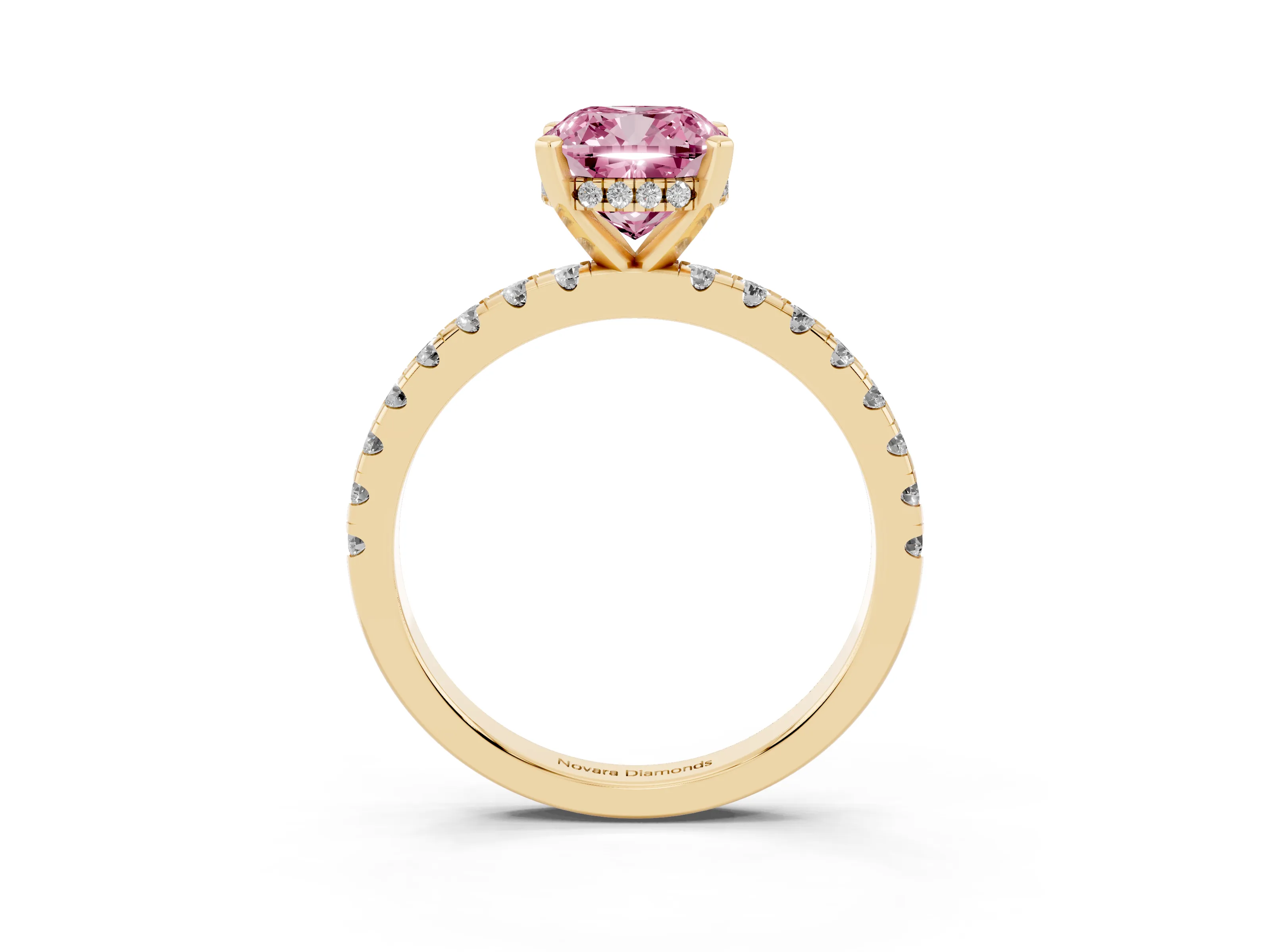 Fancy Pink Cushion Cut Diamond Pavé Solitaire Ring Set in Yellow gold with Round Band Accents and Prong Setting