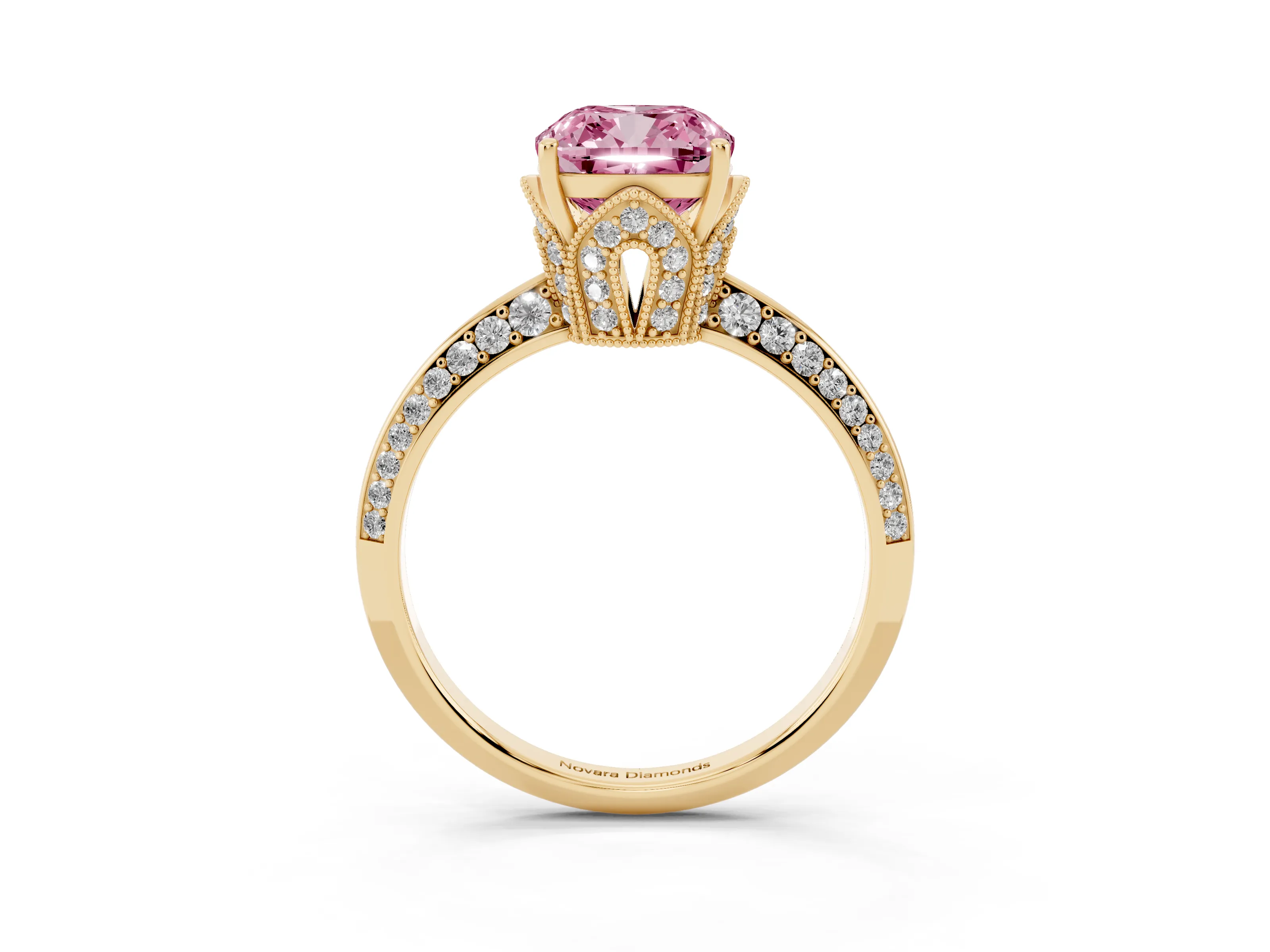 Fancy Pink Cushion Cut Diamond Solitaire Engagement Ring Set in Yellow gold with Pavé Split Shank and Prong Setting