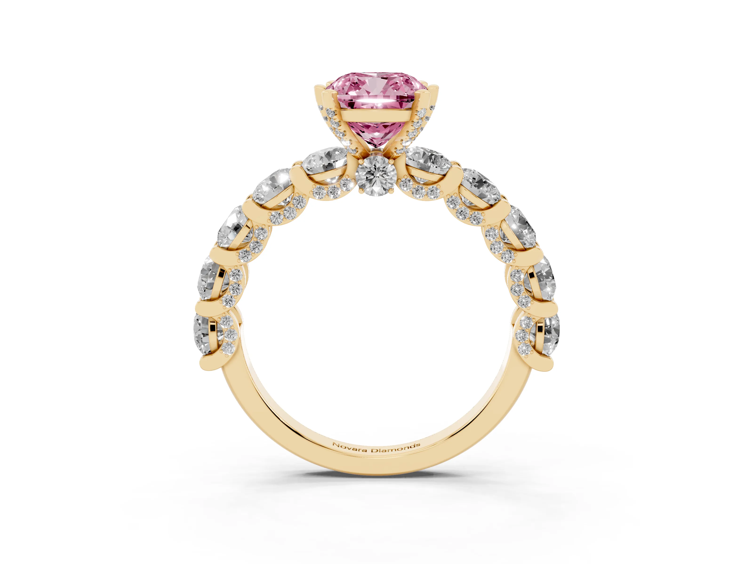 Fancy Pink Cushion Cut Diamond Side Stone Ring Set in Yellow gold with Alternating Round and Oval Side Stones