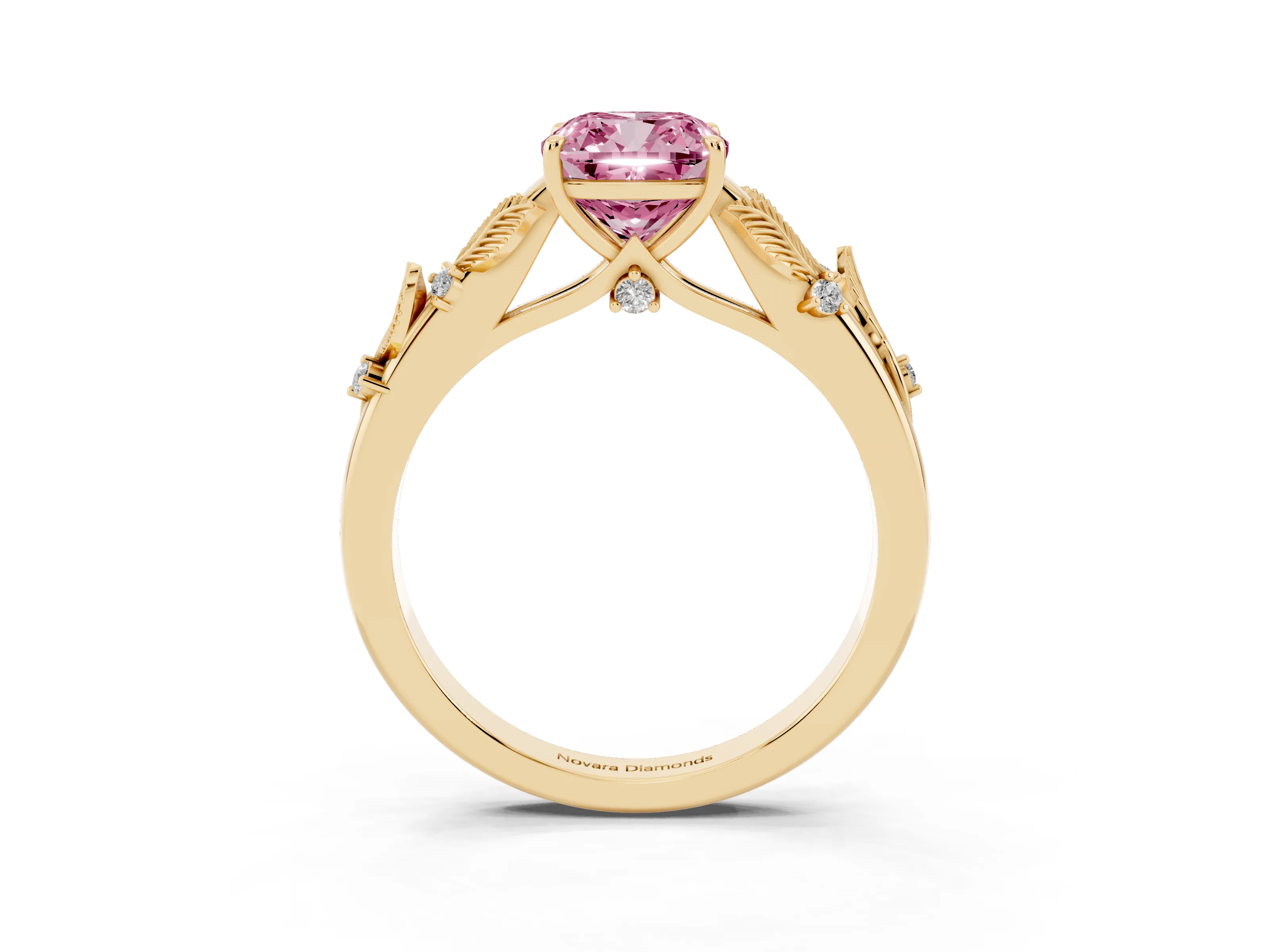 Fancy Pink Cushion Cut Diamond Solitaire Ring Set in Yellow gold with Leaf Motif Band