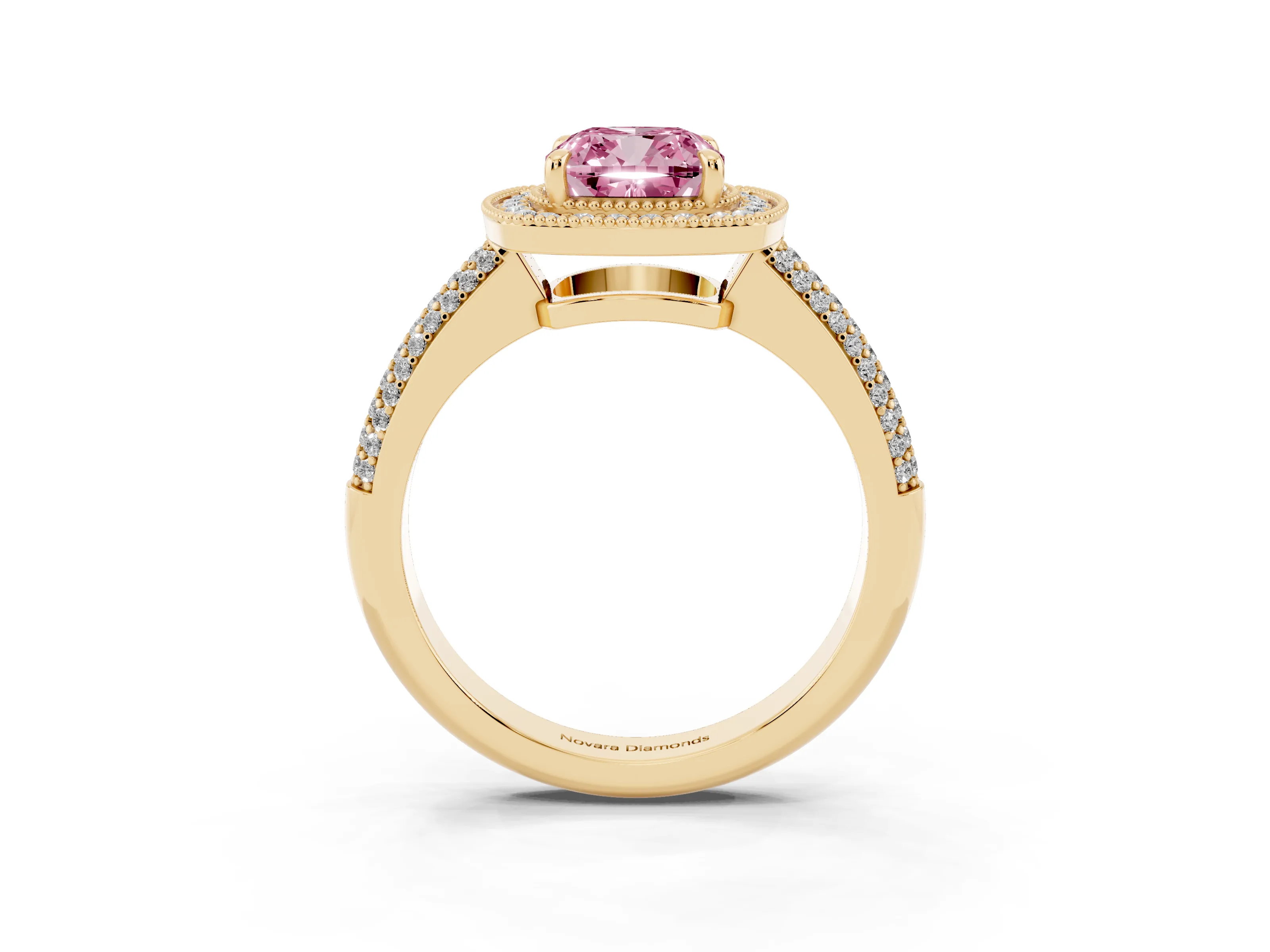 Fancy Pink Cushion Cut Diamond Halo Pavé Band Set in Yellow gold with Prong Setting