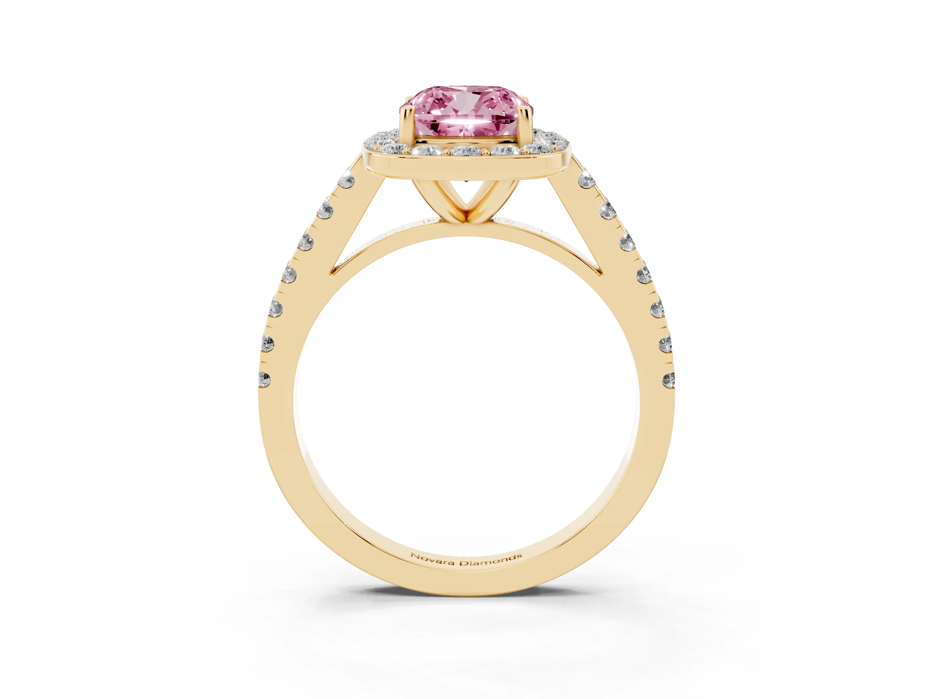 Fancy Pink Cushion Cut Diamond Halo Ring Set in Yellow gold with Round Pavé Split Shank and Prong Setting