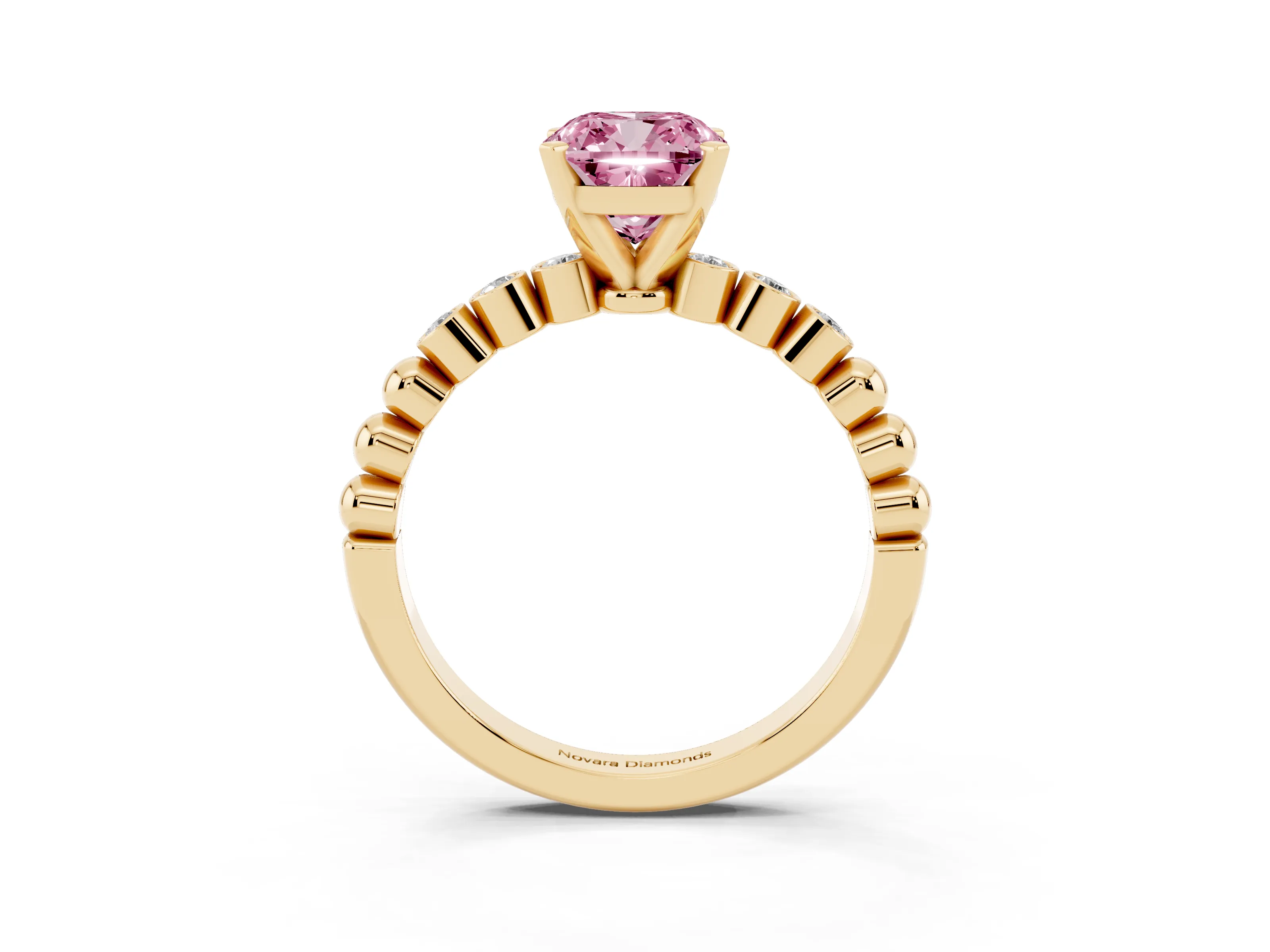 Fancy Pink Cushion Cut Diamond Solitaire Engagement Ring Set in Yellow gold with Bezel Accents on Beaded Band