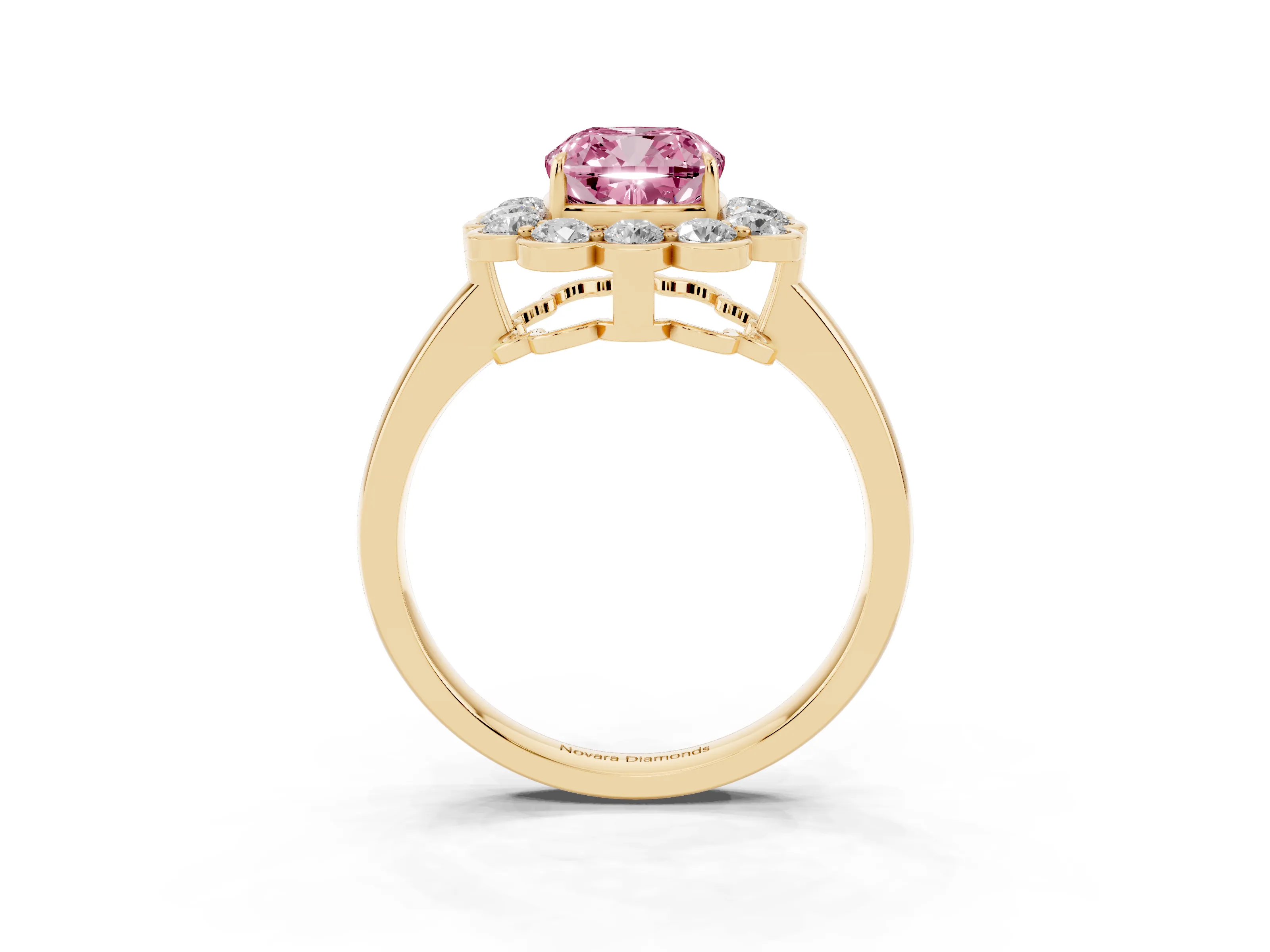 Fancy Pink Cushion Cut Diamond Halo Cluster Engagement Ring Set in Yellow gold with Solitaire Band and Prong Setting
