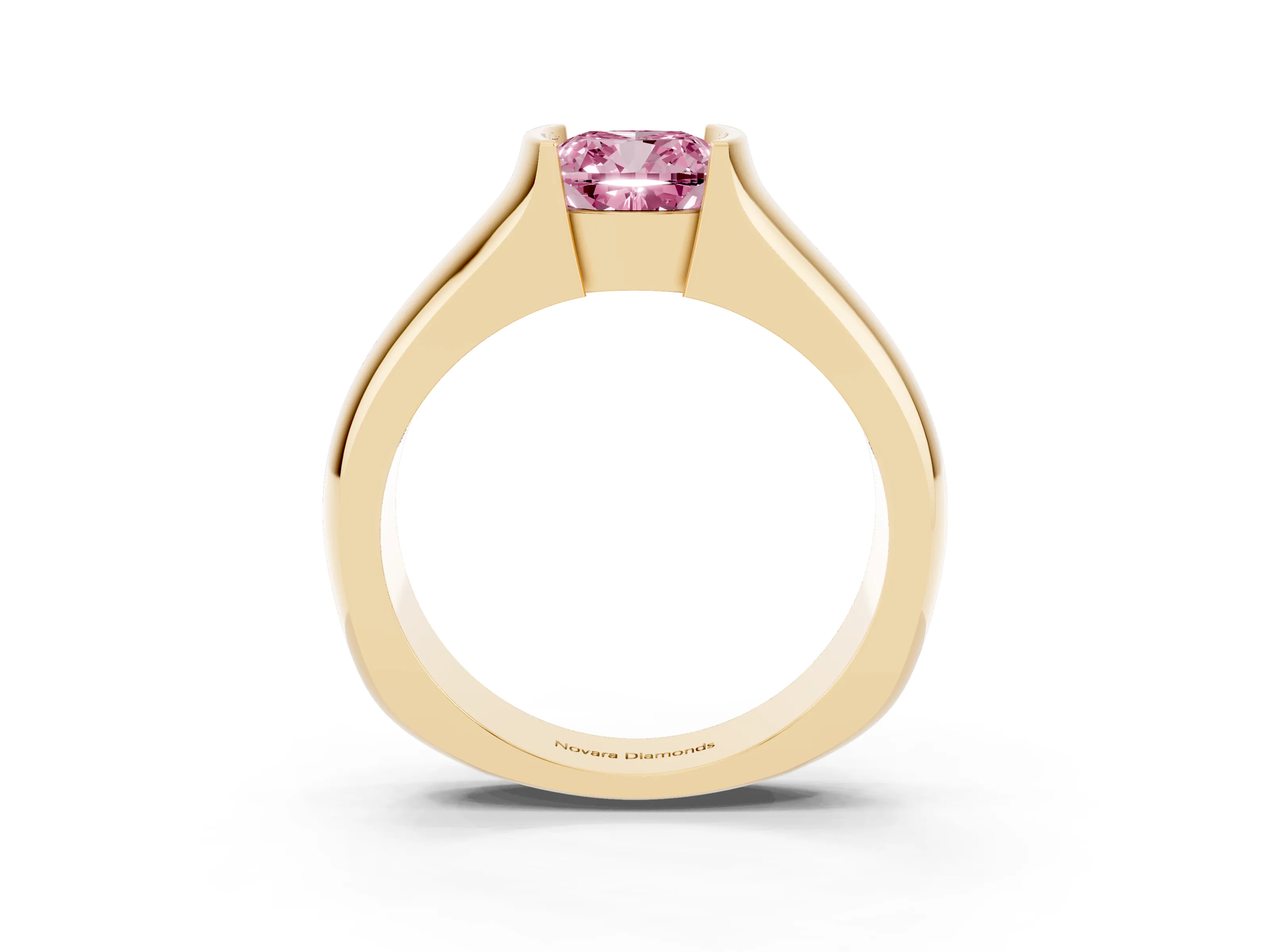 Fancy Pink Cushion Cut Diamond Bezel Solitaire Ring Set in Yellow gold with Wide Band