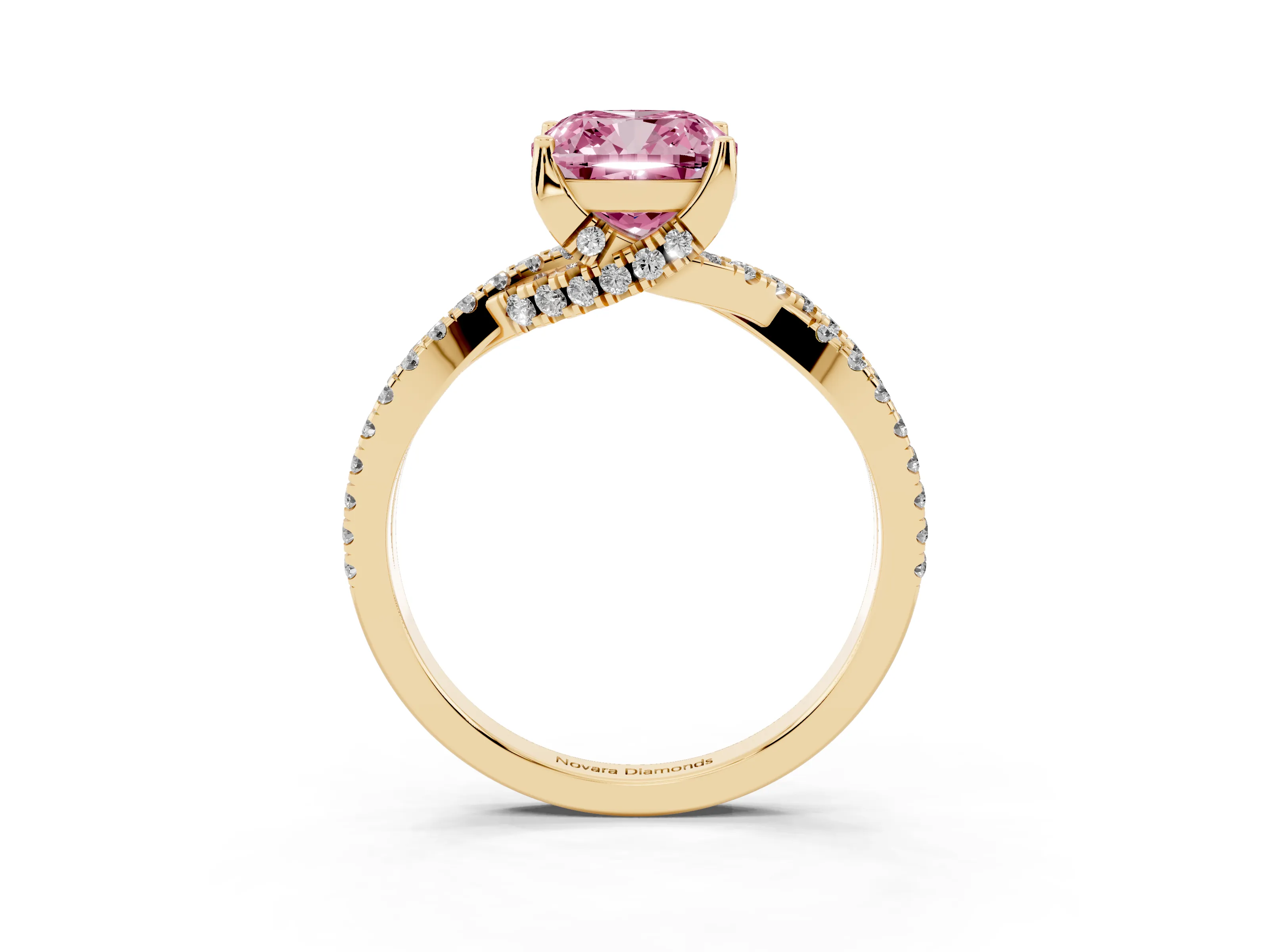 Fancy Pink Cushion Cut Diamond Twist Pavé Solitaire Engagement Ring Set in Yellow gold with Prong Setting