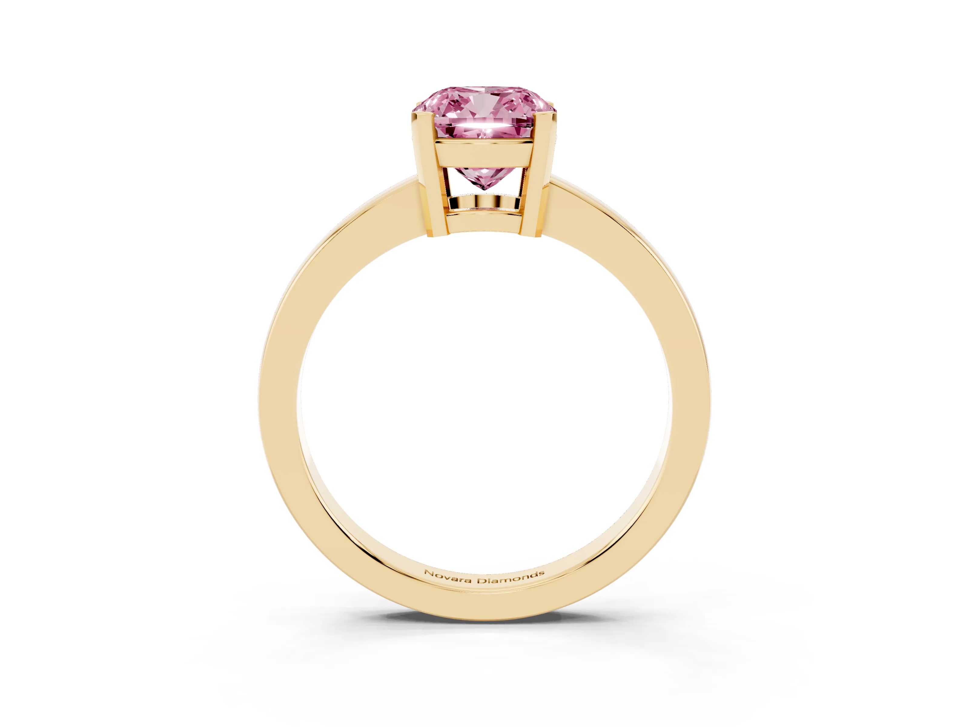Fancy Pink Cushion Cut Diamond Solitaire Ring Set in Yellow gold with Prong Head and Smooth Polished Band