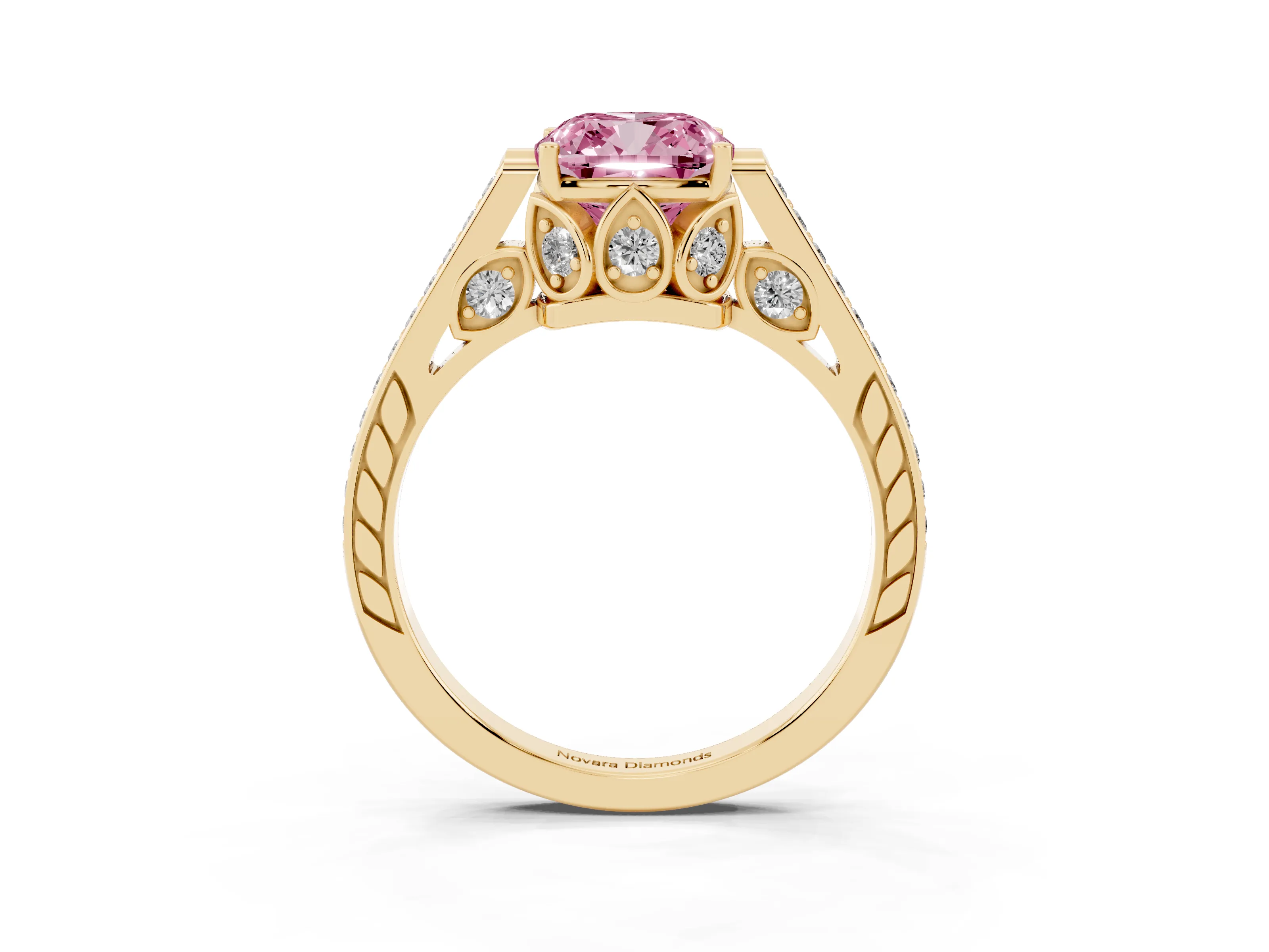 Fancy Pink Cushion Cut Diamond Cathedral Pavé Engagement Ring Set in Yellow gold with Prong Setting