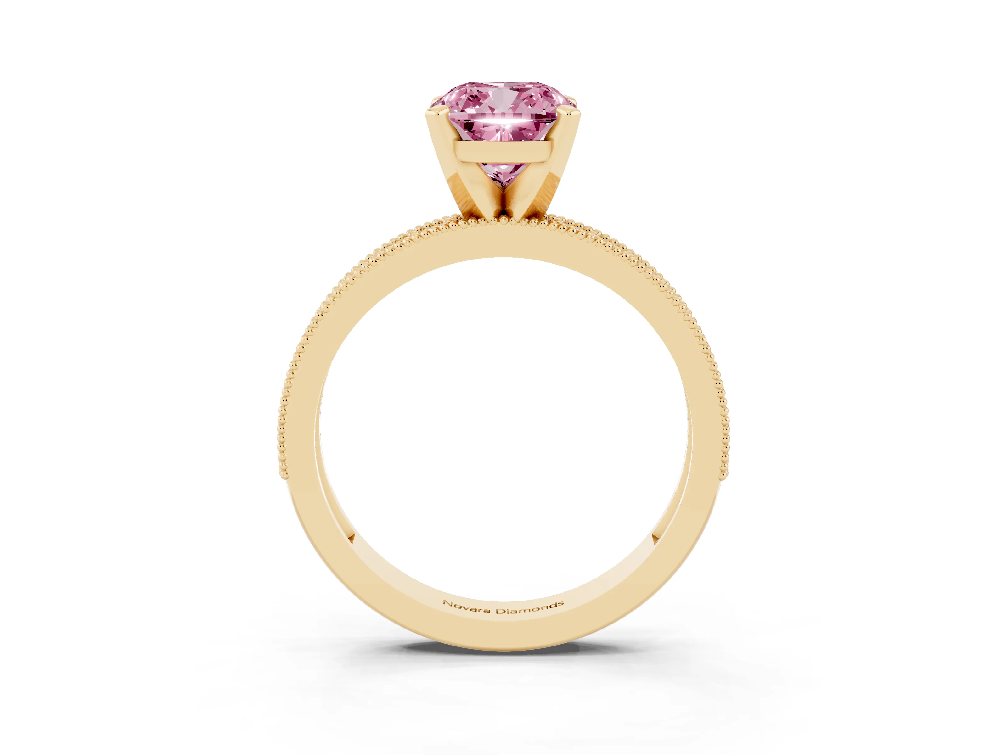 Fancy Pink Cushion Cut Diamond Milgrain Pavé Engagement Ring Set in Yellow gold with Prong Setting