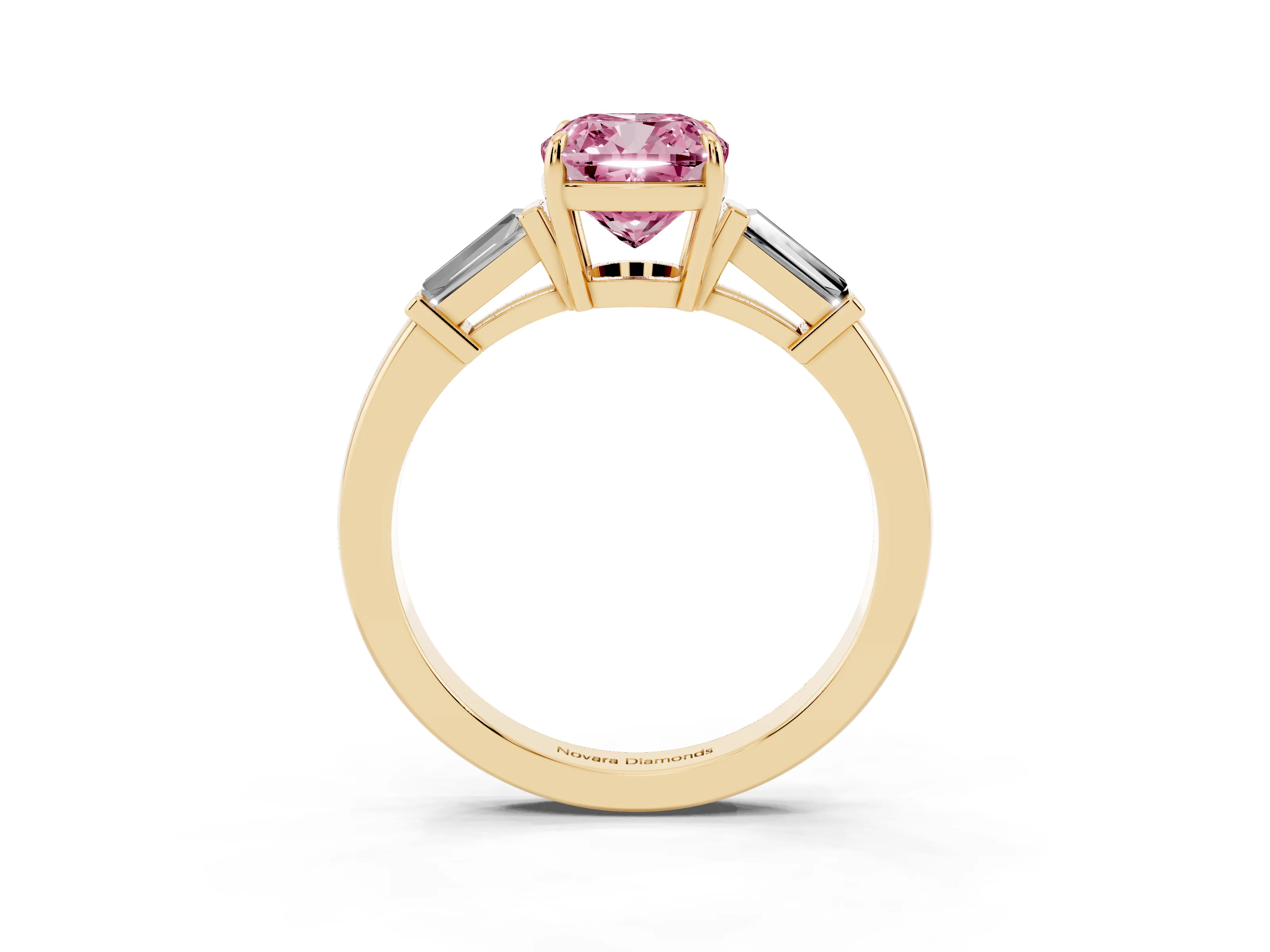 Fancy Pink Cushion Cut Diamond Three-Stone Ring Set in Yellow gold with Tapered Baguette Side Stones and Prong Setting
