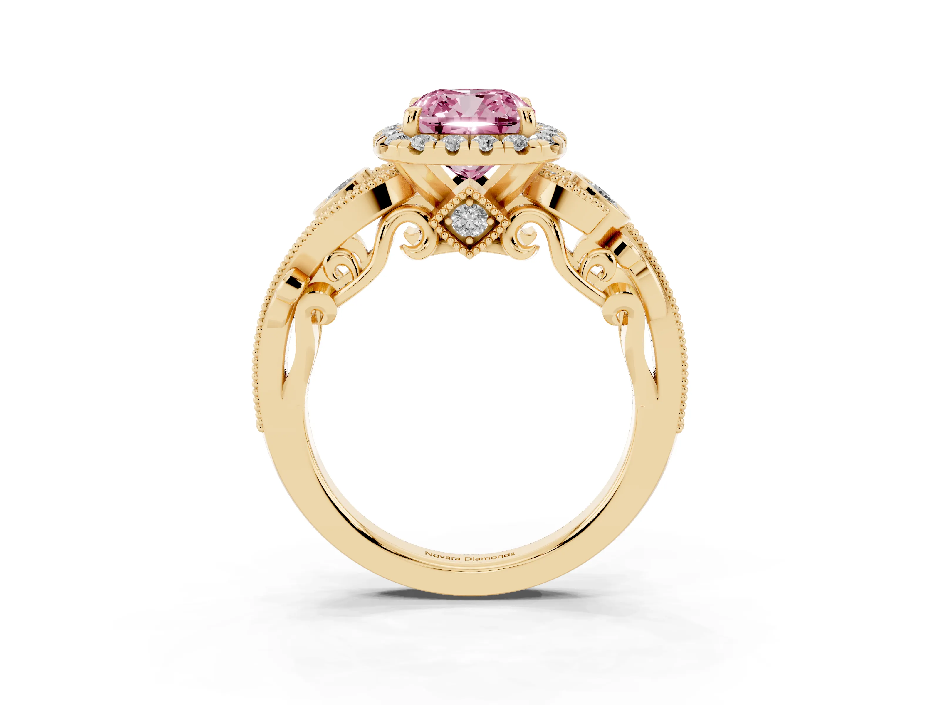 Fancy Pink Cushion Cut Diamond Halo Ring Set in Yellow gold with Milgrain Pavé Band and Prong Setting