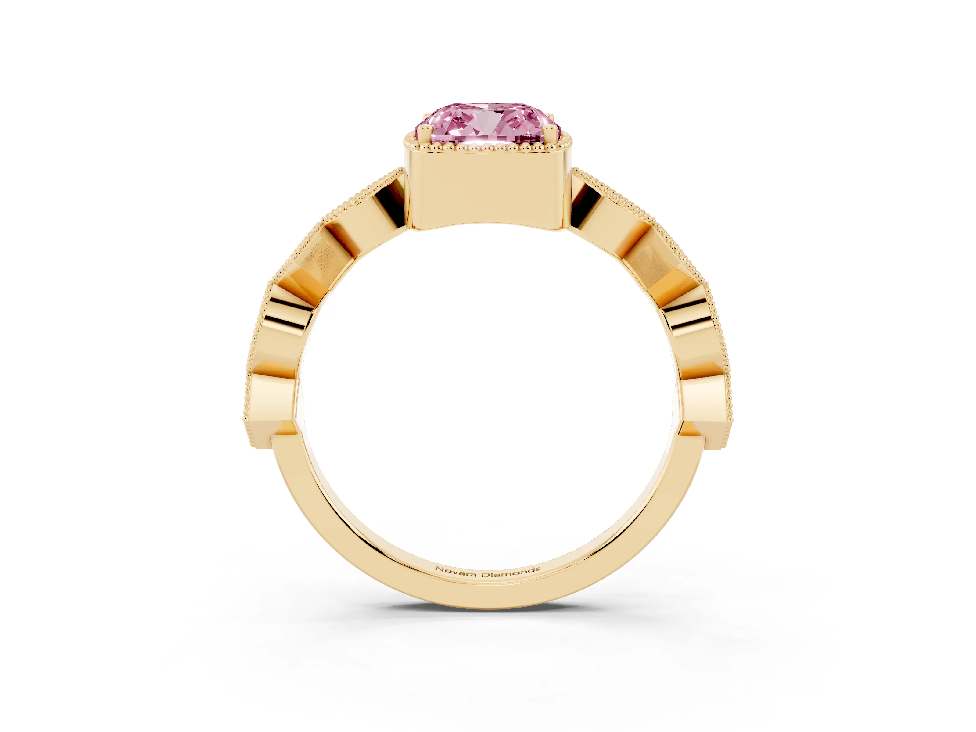 Fancy Pink Cushion Cut Diamond Milgrain Marquise Twist Band Ring Set in Yellow gold with Prong Setting