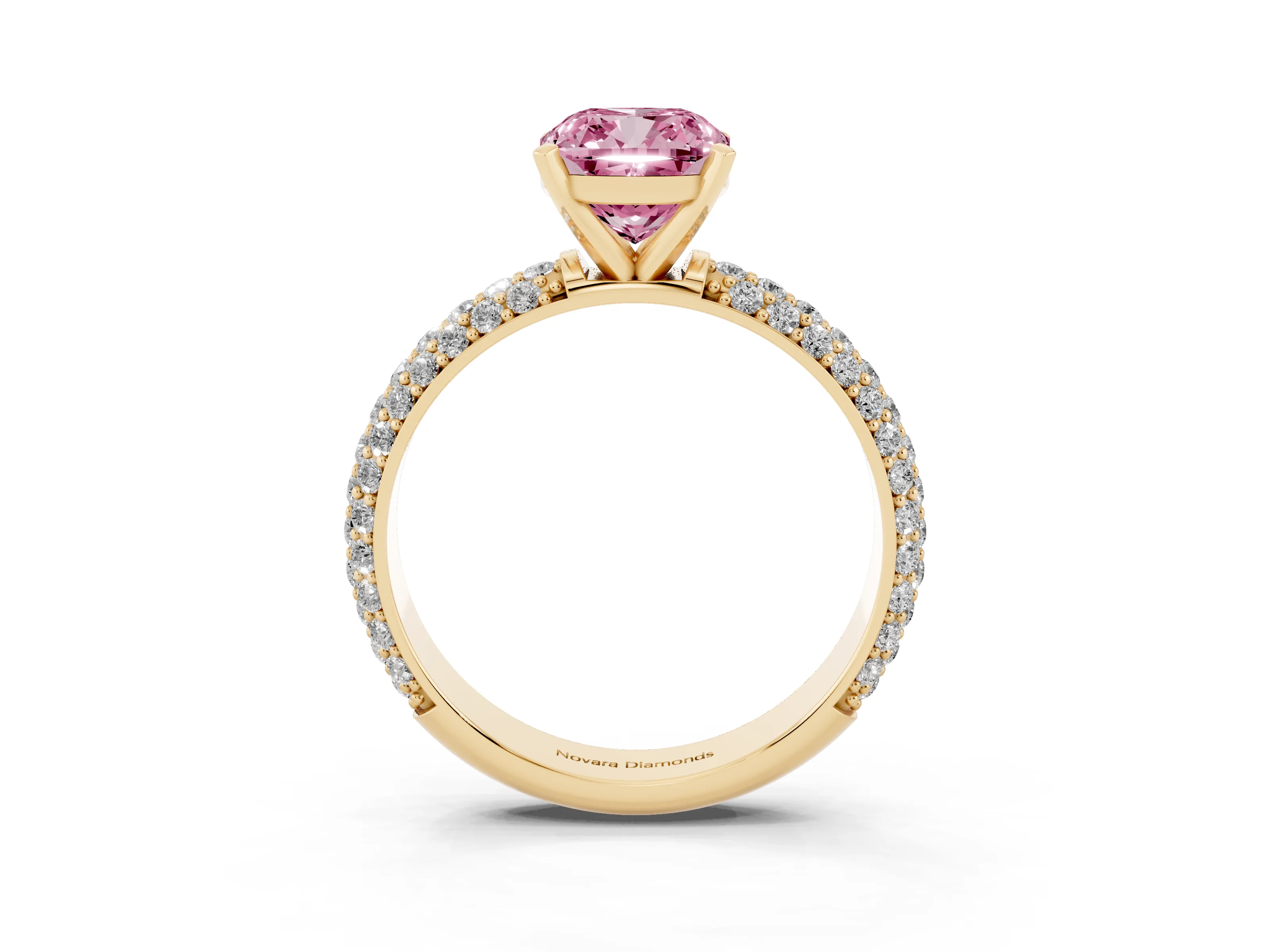 Fancy Pink Cushion Cut Diamond Solitaire Ring Set in Yellow gold with Prong Setting and Pavé-Set Band