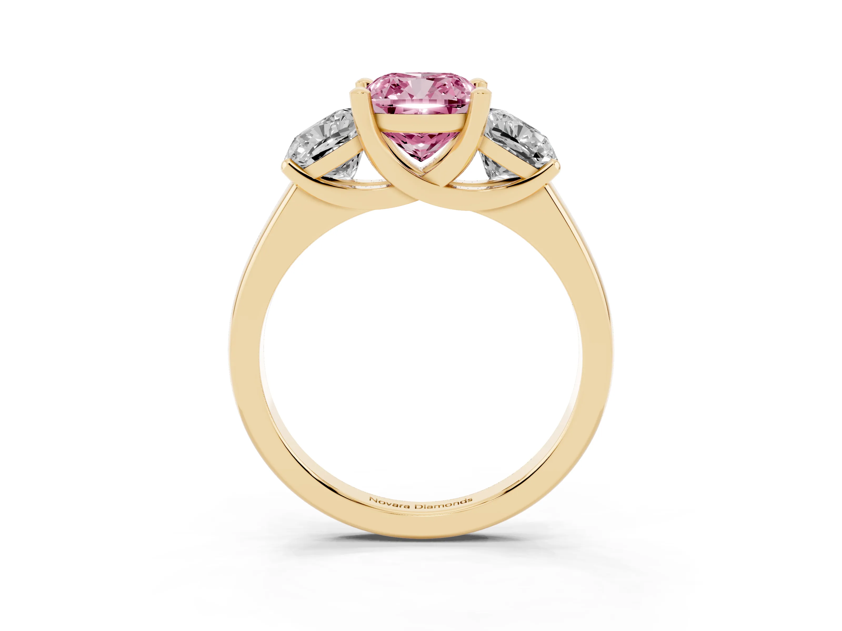Fancy Pink Cushion Cut Diamond Three-Stone Ring Set in Yellow gold with Classic Prong Setting and Plain Band