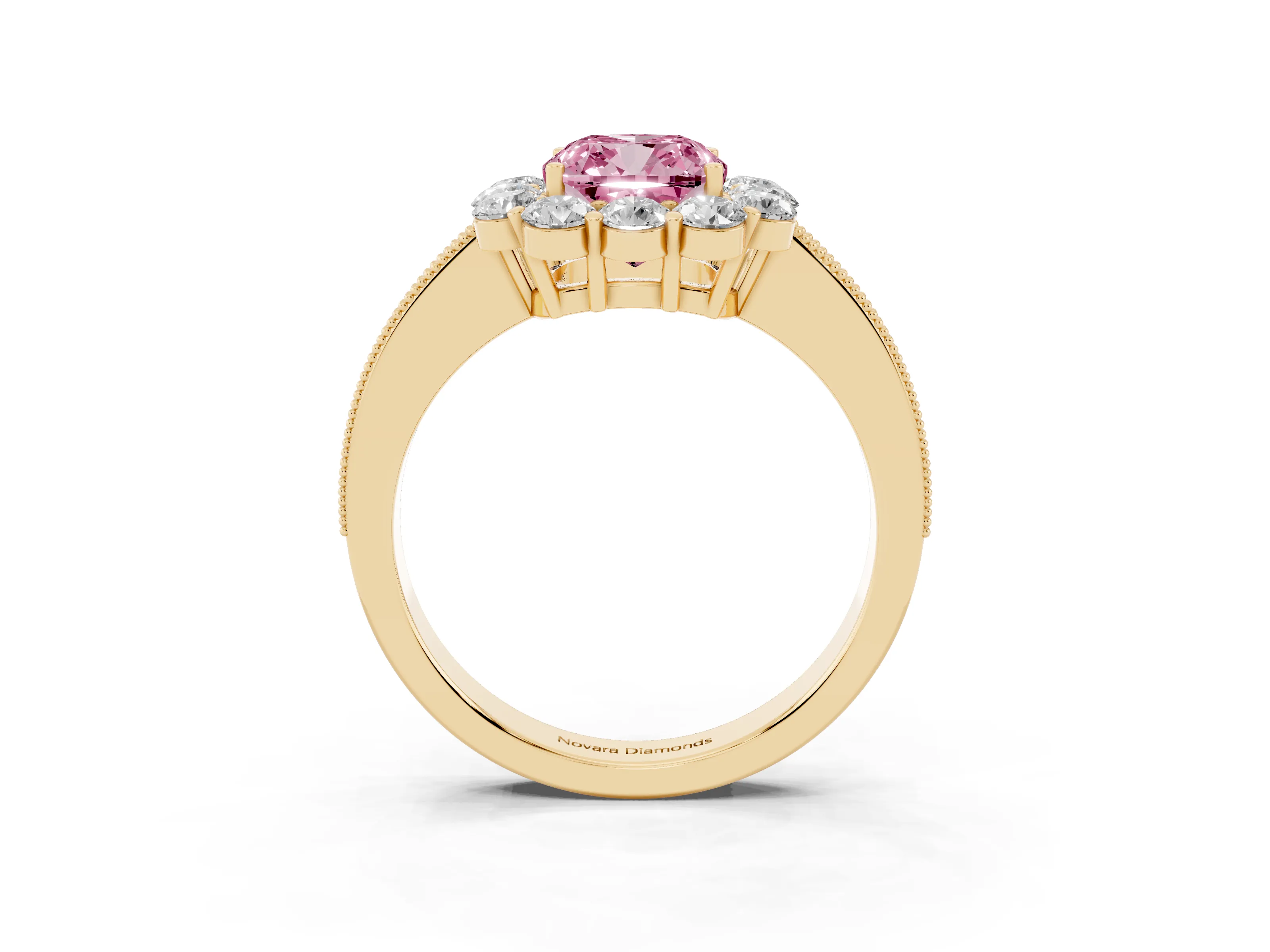 Fancy Pink Cushion Cut Diamond Halo Pavé Engagement Ring Set in Yellow gold with Milgrain Detailing