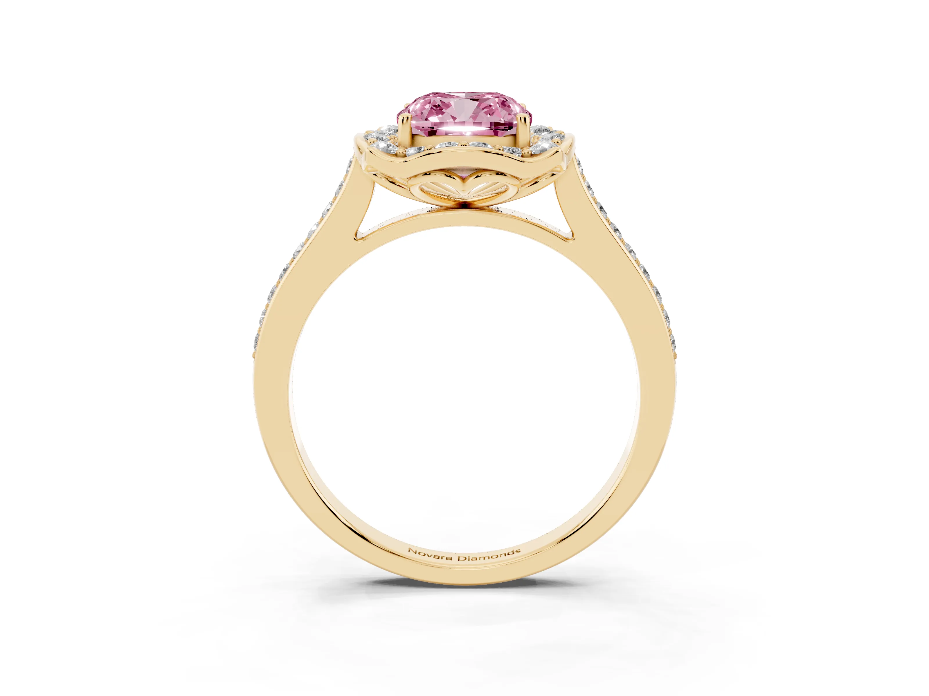 Fancy Pink Cushion Cut Diamond Halo Ring Set in Yellow gold with Pavé-Lined Shoulders and Prong Setting