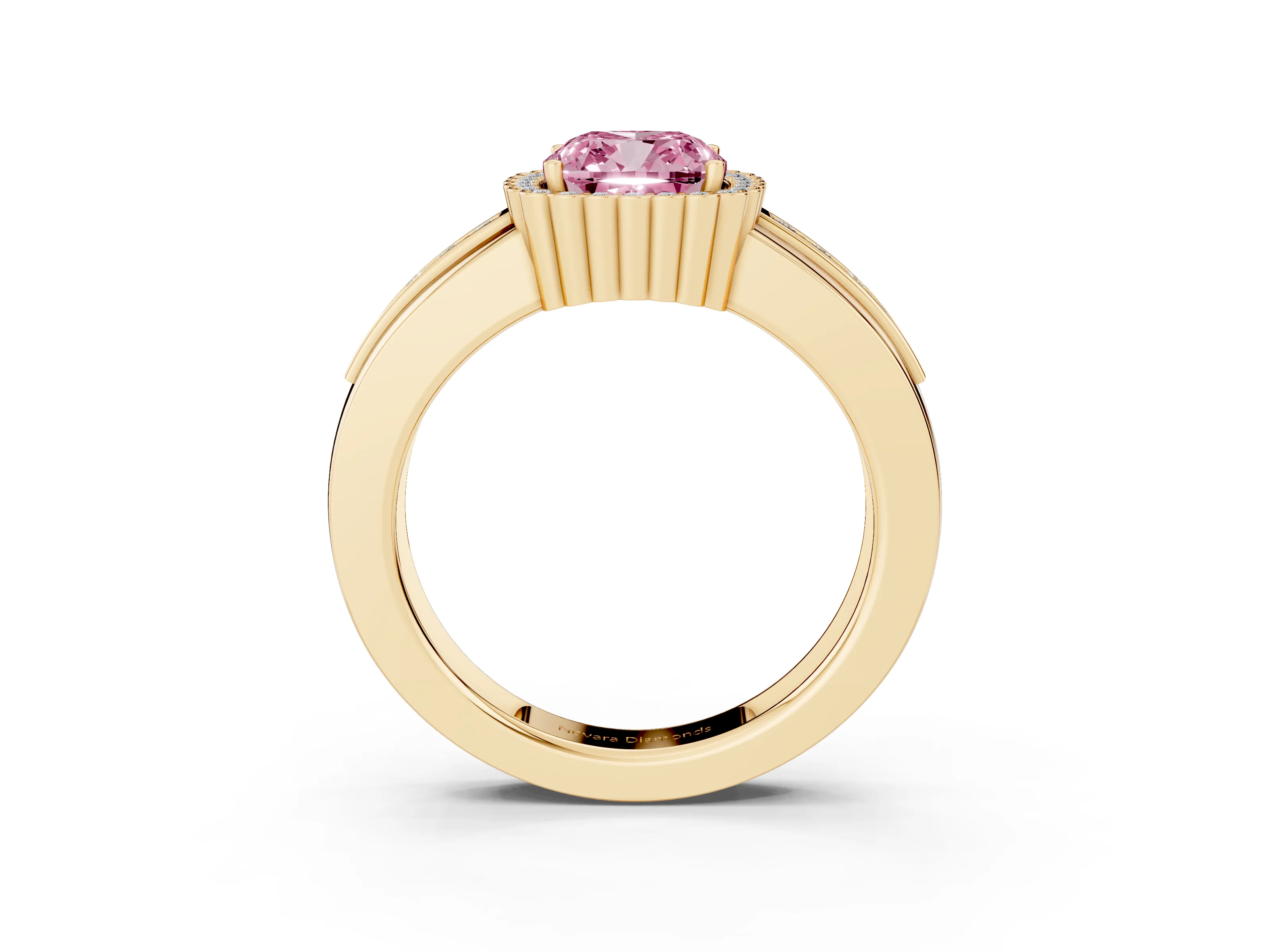 Fancy Pink Cushion Cut Diamond Halo Prong Ring Set in Yellow gold with Pavé Band