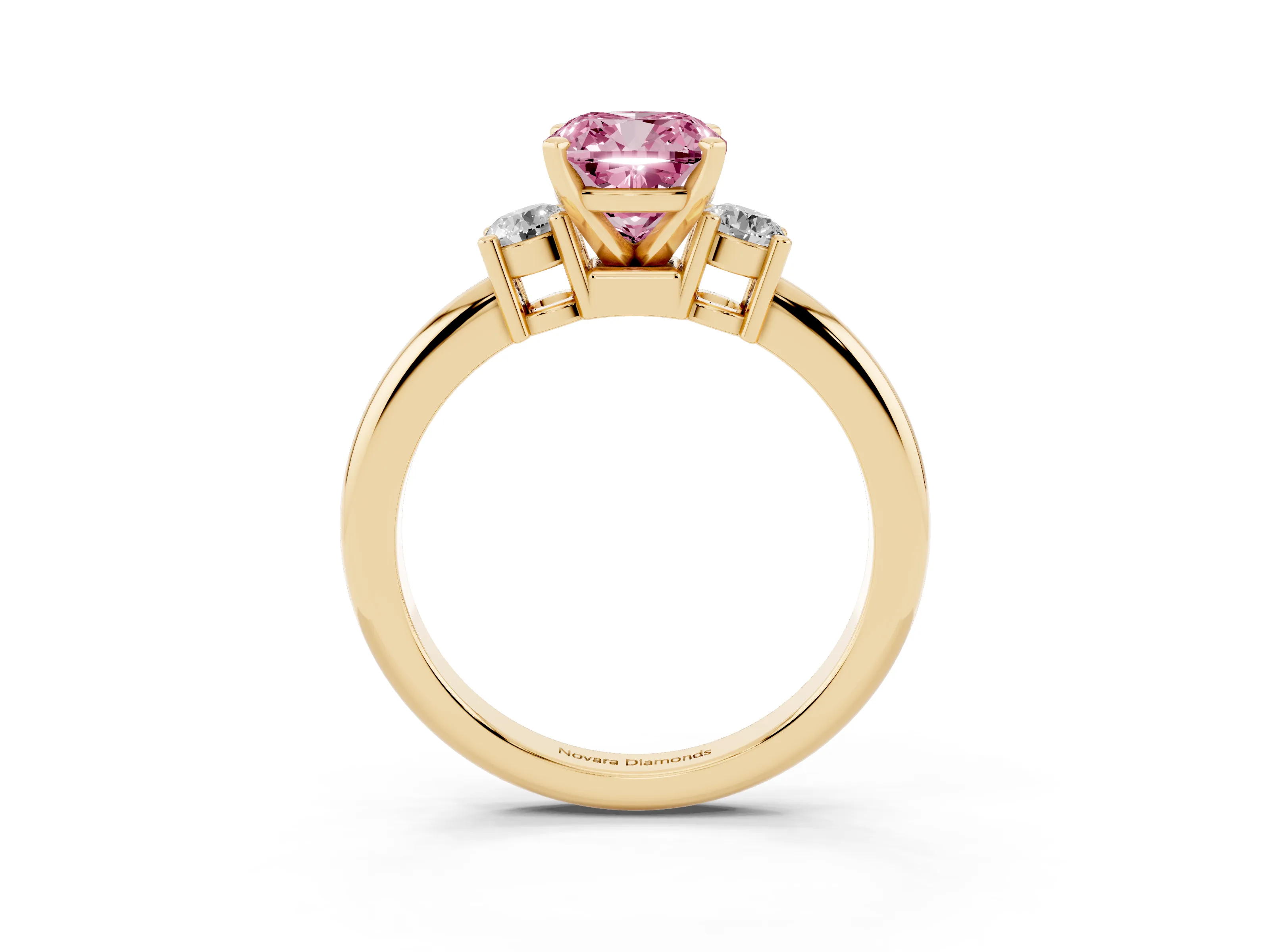 Fancy Pink Three-Stone Cushion Cut Diamond Ring Set in Yellow gold with Prong Setting and Plain Band