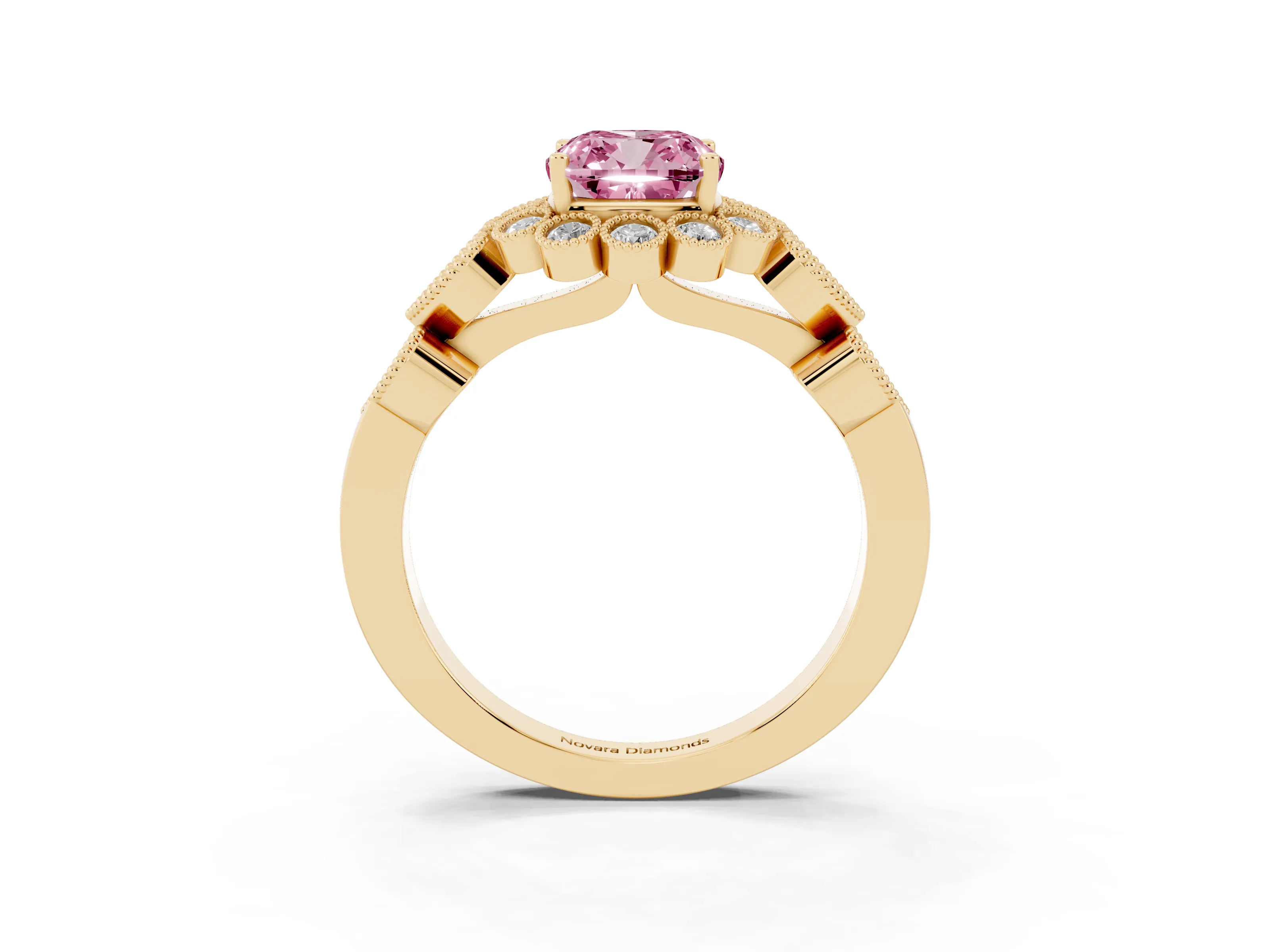 Fancy Pink Cushion Cut Diamond Solitaire Ring Set in Yellow gold with Milgrain Pavé Heart Band