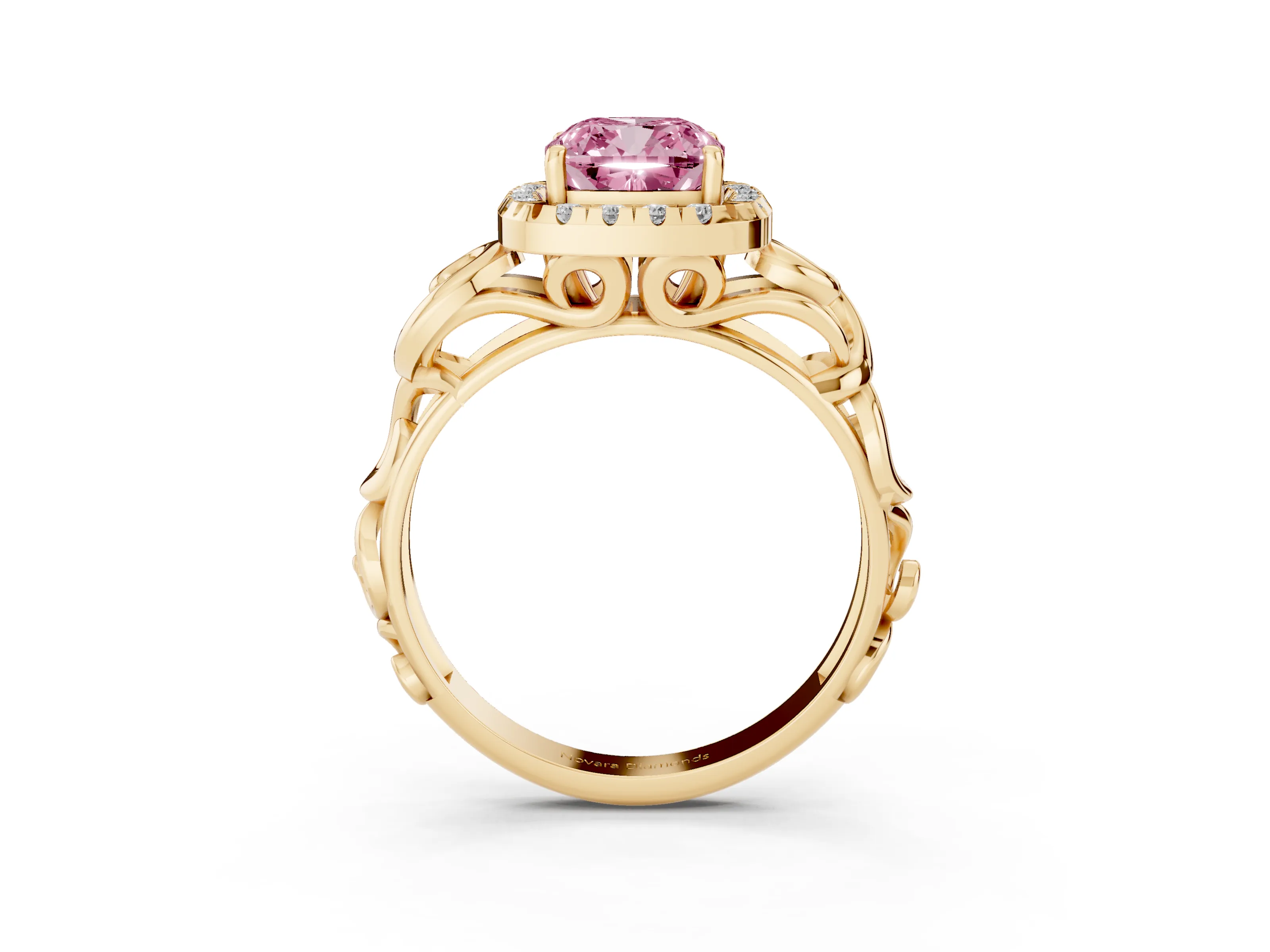 Fancy Pink Cushion Cut Diamond Halo Ring Set in Yellow gold with Scrollwork Band and Prong Setting