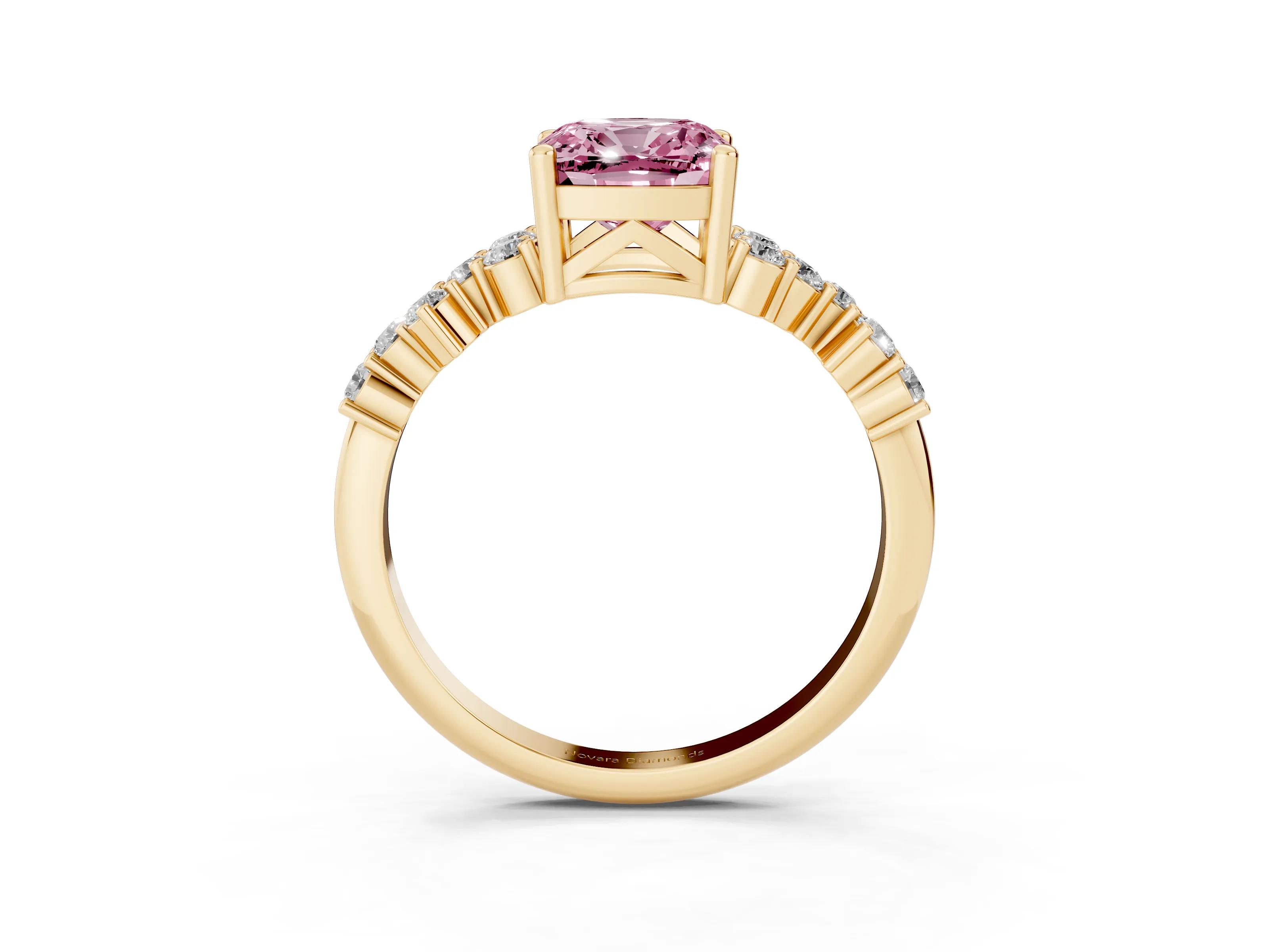 Fancy Pink Cushion Cut Diamond Ring Set in Yellow gold with Scattered Round Accents