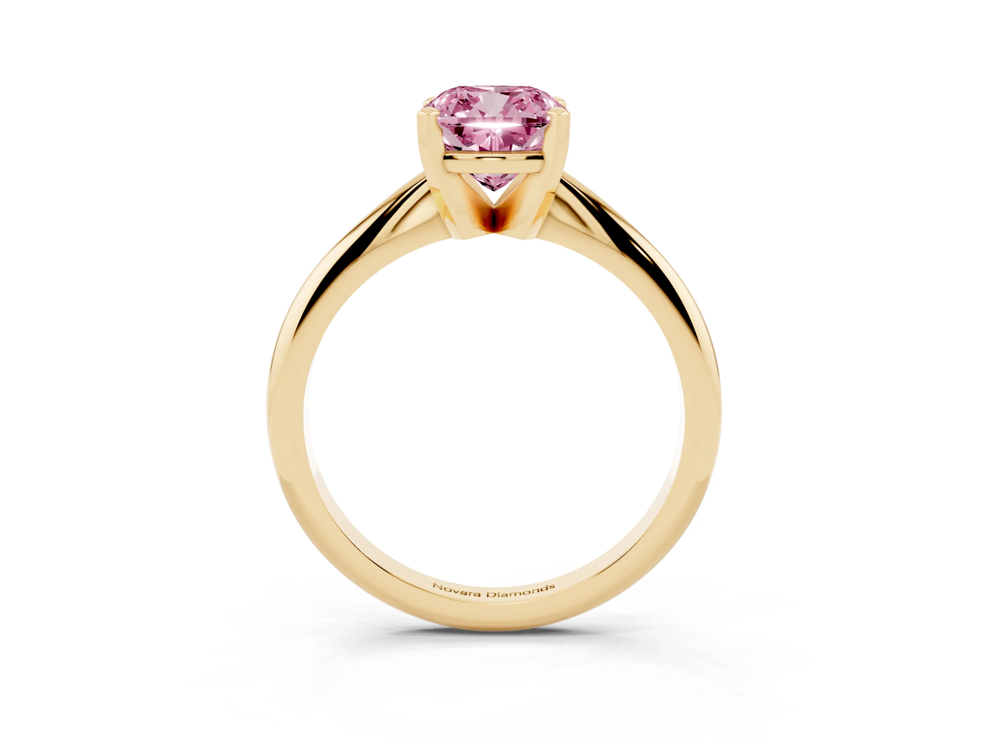 Fancy Pink Cushion Cut Diamond Solitaire Ring Set in Yellow gold with Prong Setting on a Plain Round Band