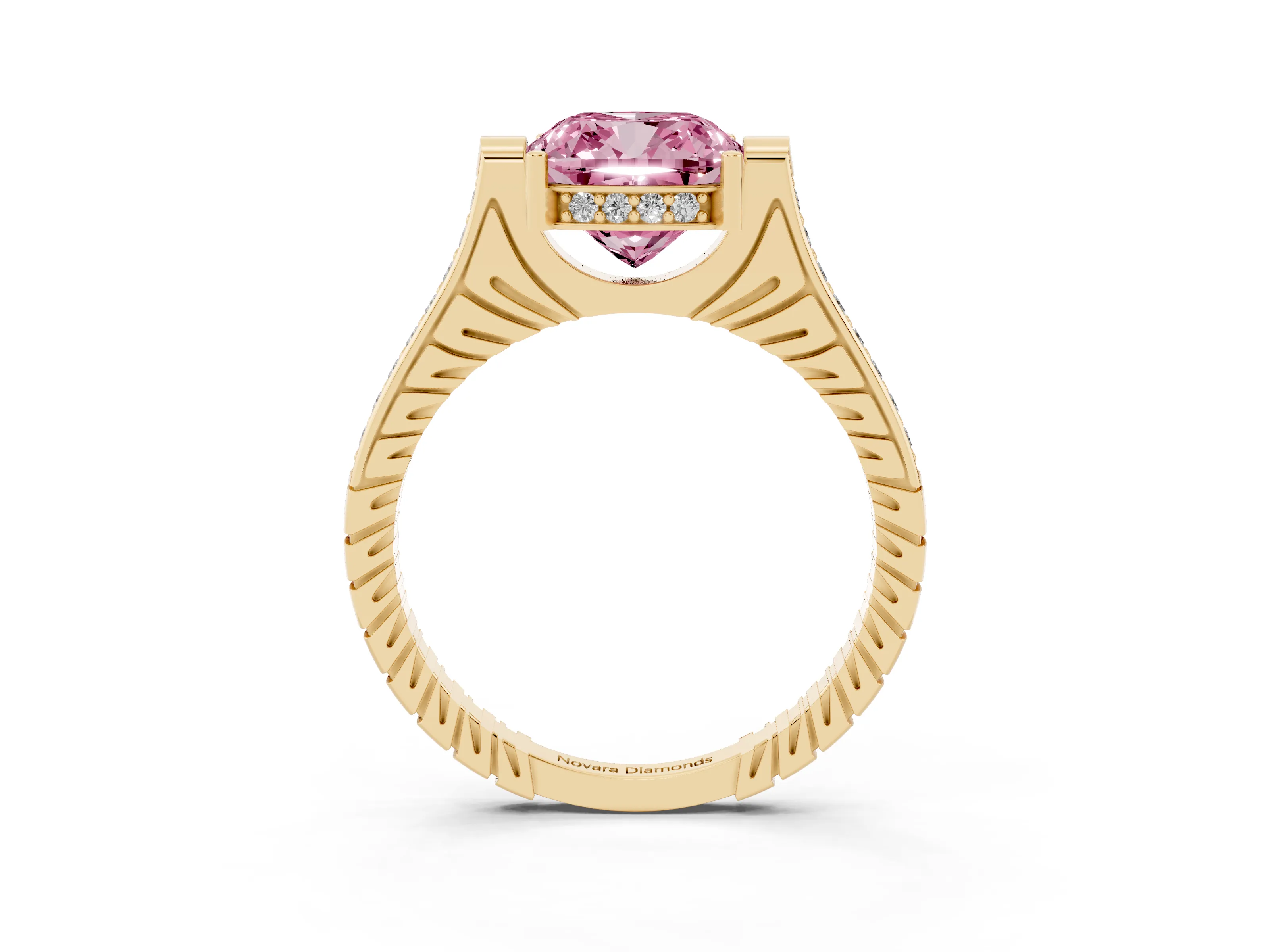 Fancy Pink Cushion Cut Diamond Solitaire Ring Set in Yellow gold with Channel Set Band and Bezel Prong Setting