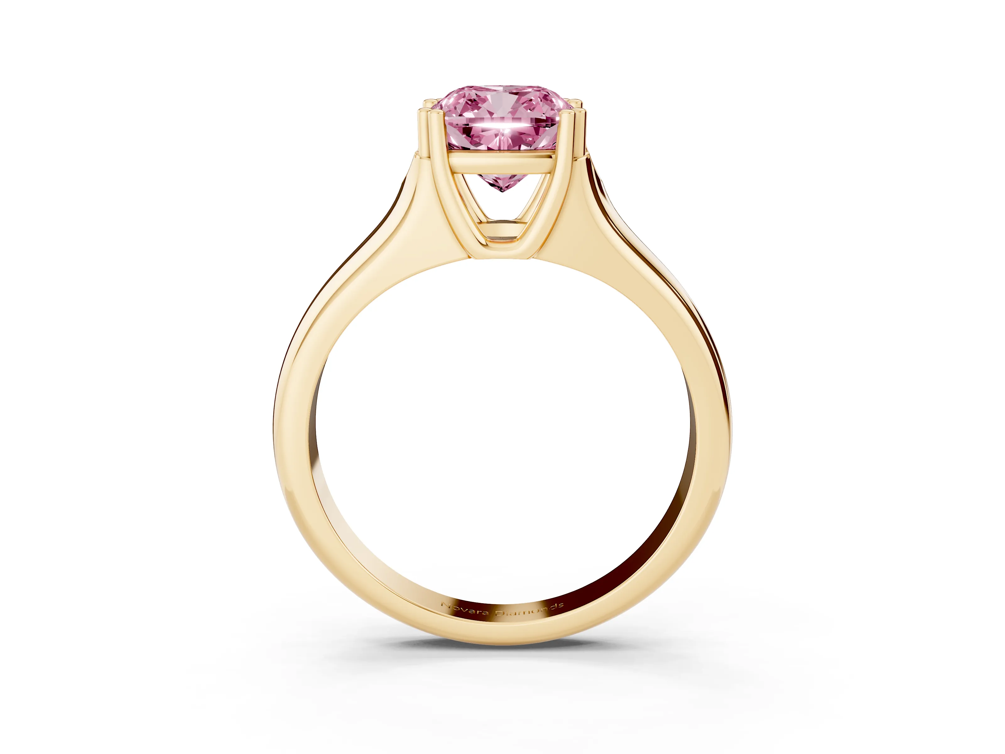 Fancy Pink Cushion Cut Diamond Solitaire Ring Set in Yellow gold with Wide Band and Prong Setting