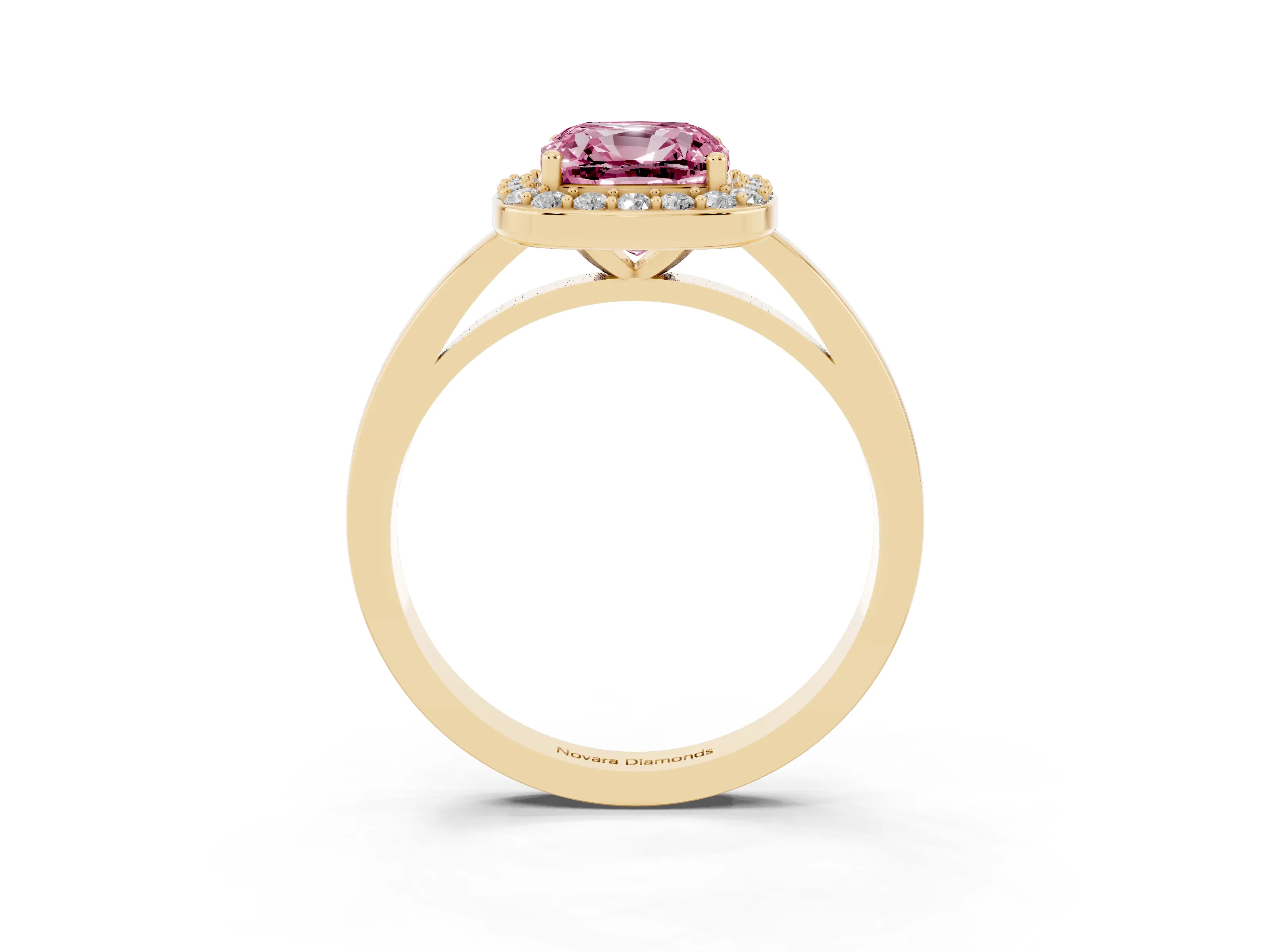 Fancy Pink Cushion Cut Diamond Halo Ring Set in Yellow gold with Solitaire Band and Prong Setting