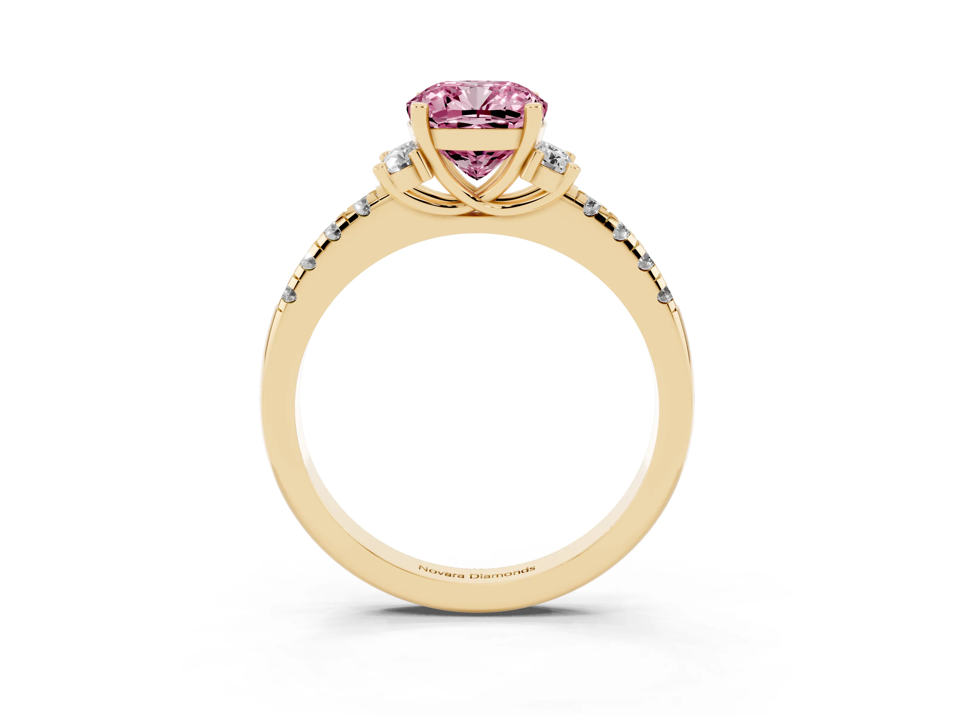 Fancy Pink Cushion Cut Diamond Three-Stone Pavé Ring Set in Yellow gold with Prong Setting