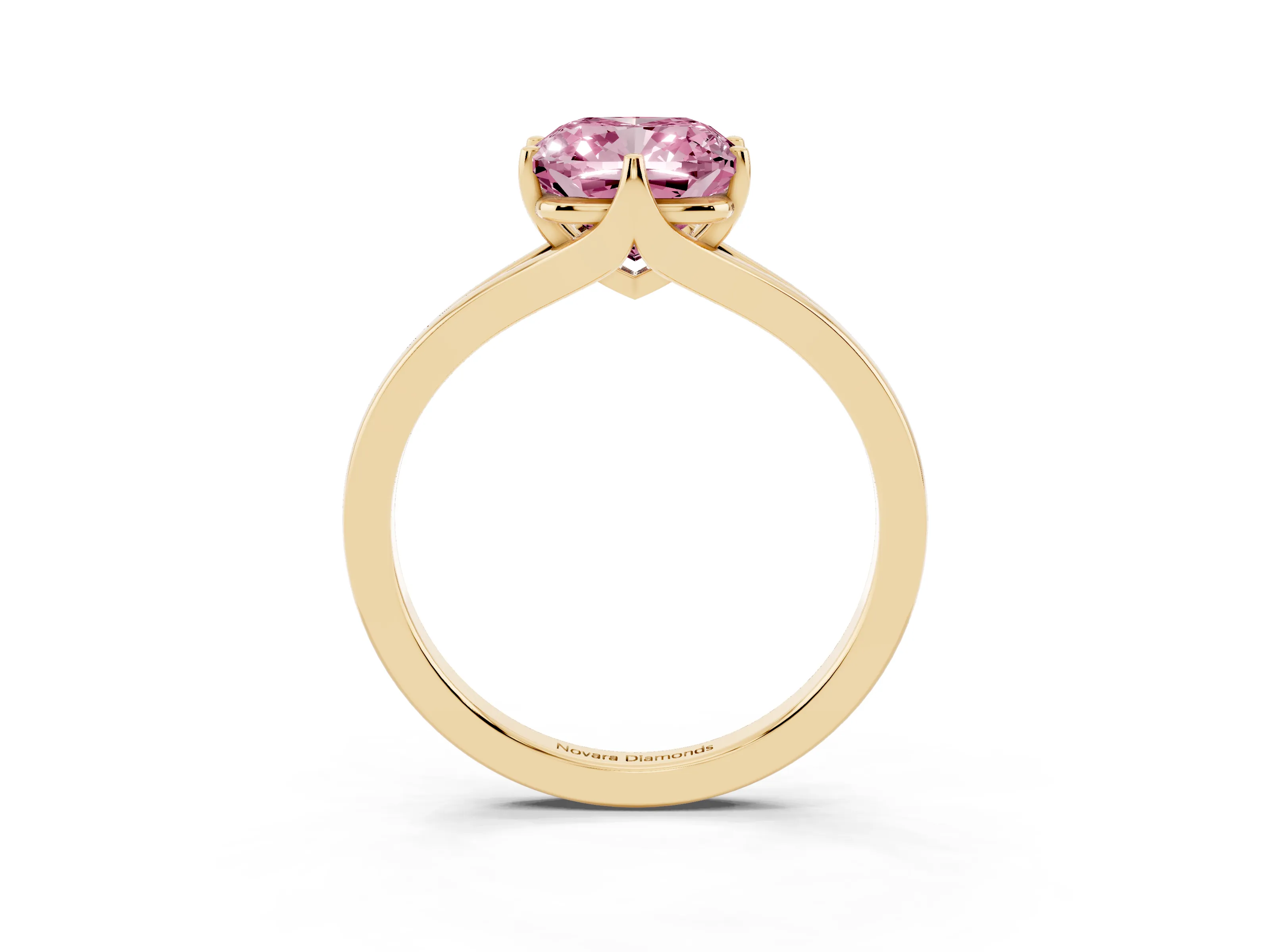 Fancy Pink Cushion Cut Diamond Solitaire Ring Set in Yellow gold with Polished Tapered Band and Prong Setting